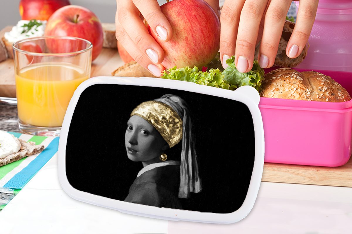 Perlenohrring Kunststoff, - MuchoWow rosa mit Mädchen, - Lunchbox Vermeer Mädchen (2-tlg), einem Kinder, Snackbox, Gold, für Brotbox Kunststoff Erwachsene, Brotdose