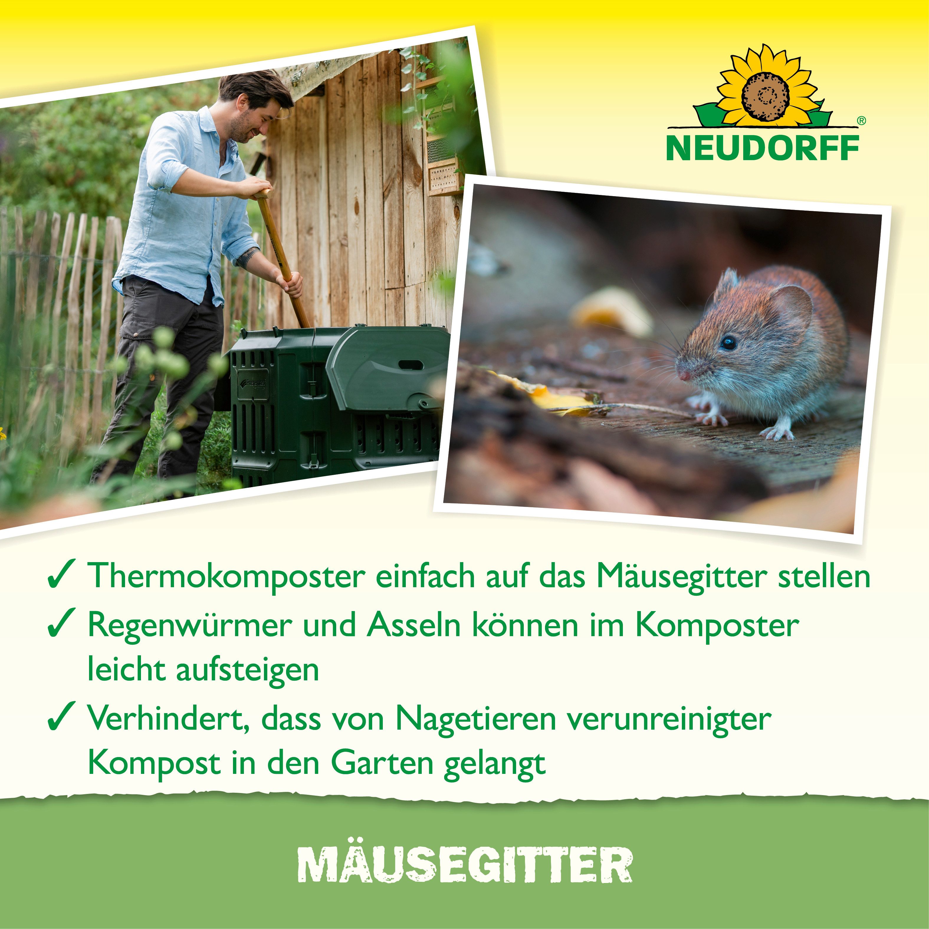 Neudorff Mäusegitter für den Neudorff Thermokomposter, Mechanischer Schutz für den Bodenbereich des Komposters, Grundfläche 81,5 x 81,5 cm, Stabiles Bodengitter – Bild 4 von 5