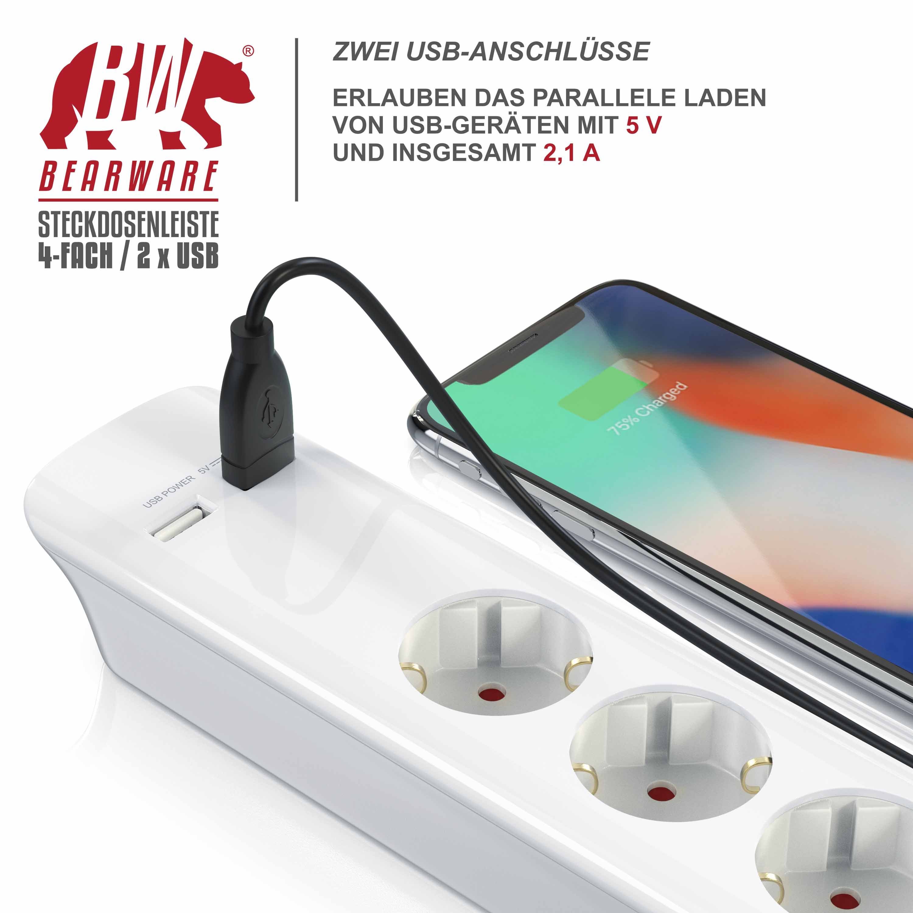 BEARWARE Ladegerät bis zu 3680 W / IP20 Steckdosenleiste 4-fach (Ein- / Ausschalter, USB-Anschluss, Überspannungsschutz, Schutzkontaktstecker, Kindersicherung,  – Bild 3 von 5