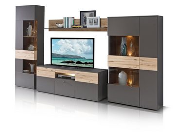 Moebel-Eins Wohnzimmer-Set, CLARA Wohnwand, Material Dekorspanplatte, grau/plankeneichefarbig