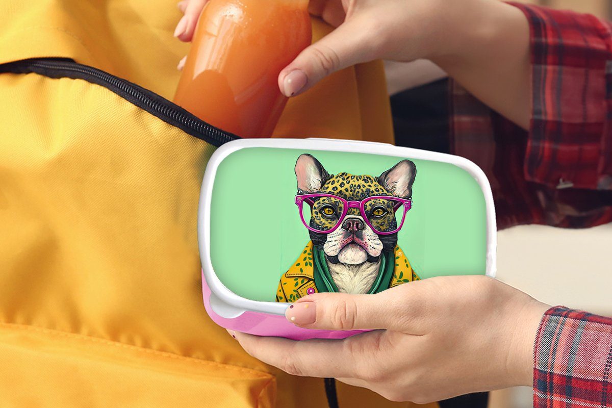 Brotbox Snackbox, Hippie Brotdose Tiere Lunchbox - für Kunststoff, Kunststoff Erwachsene, Brille, Hund - Mädchen, - Kinder, (2-tlg), rosa MuchoWow