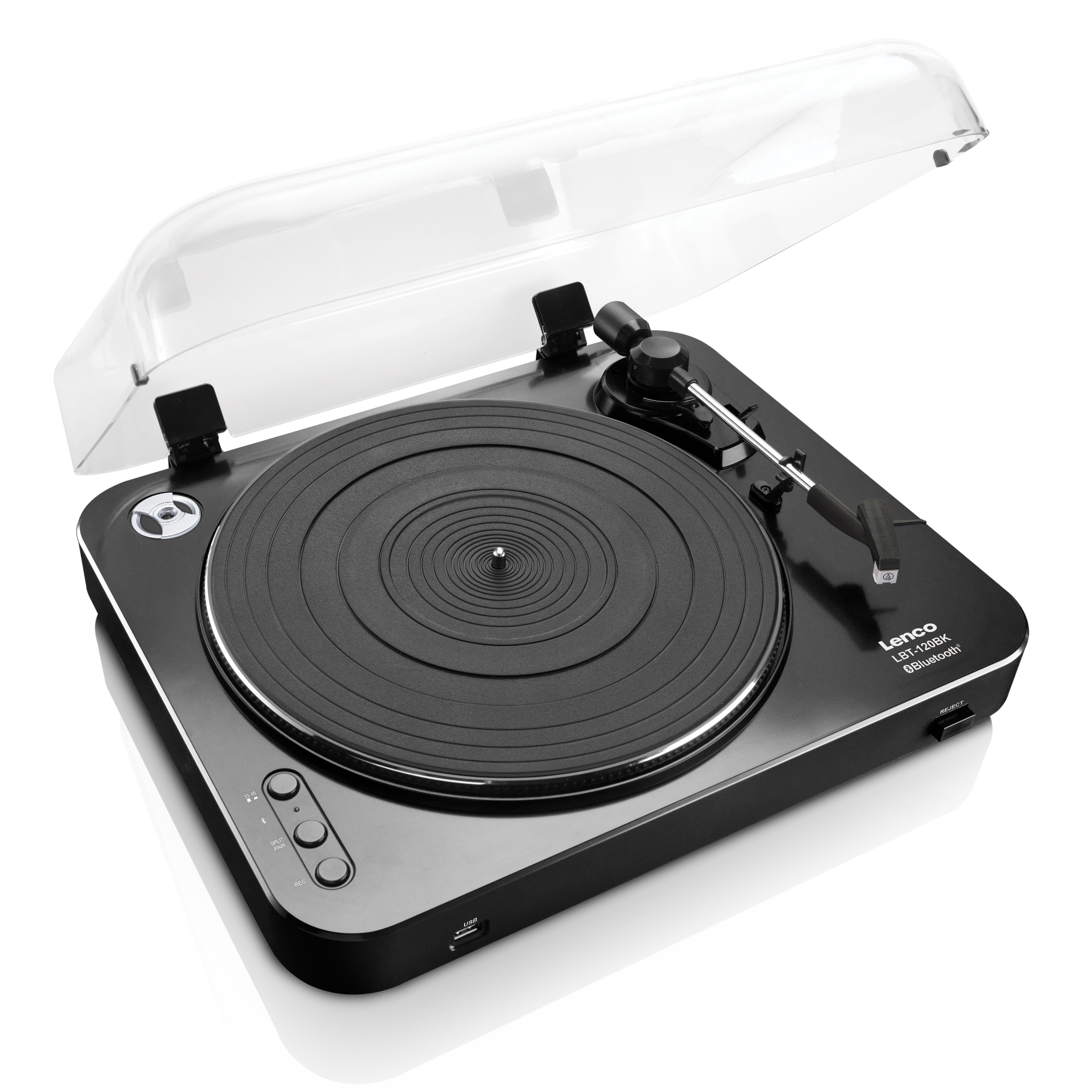 Lenco LBT-120BK Plattenspieler (Riemenantrieb, Bluetooth, Bluetooth, MP3, 33/45U/min & Sound Vorverstärker)