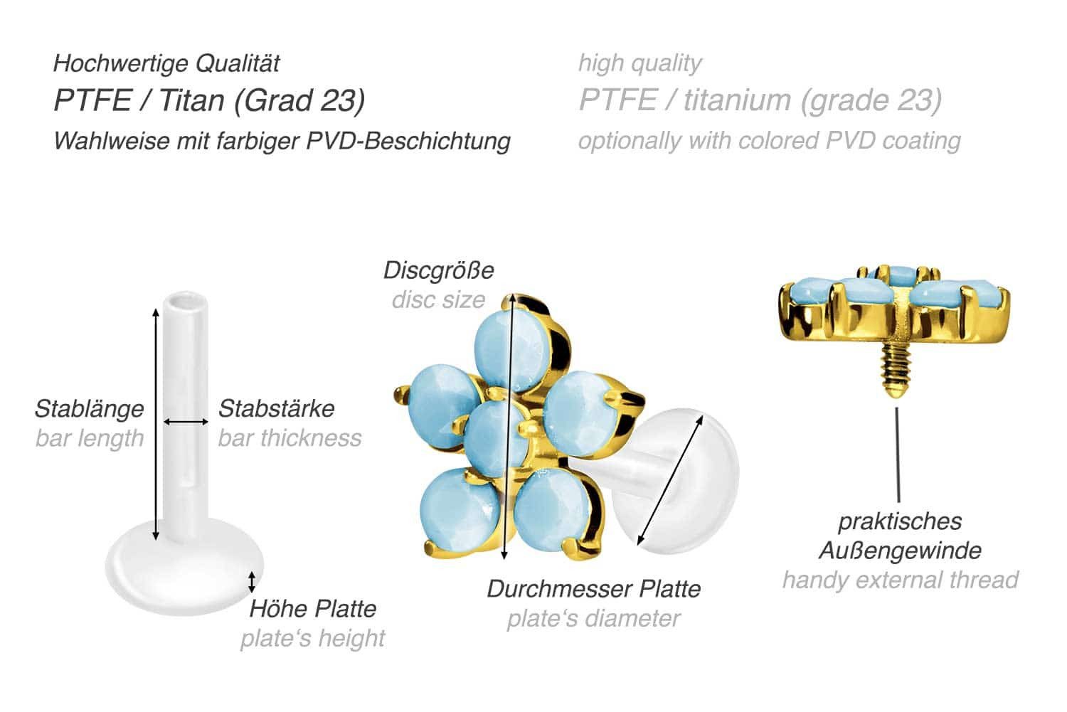 PIERCINGLINE Piercing-Set PTFE Labret mit Innengewinde + Titan-Aufsatz BLUME + SYNTHETISCHE (Labrets, 1-tlg)