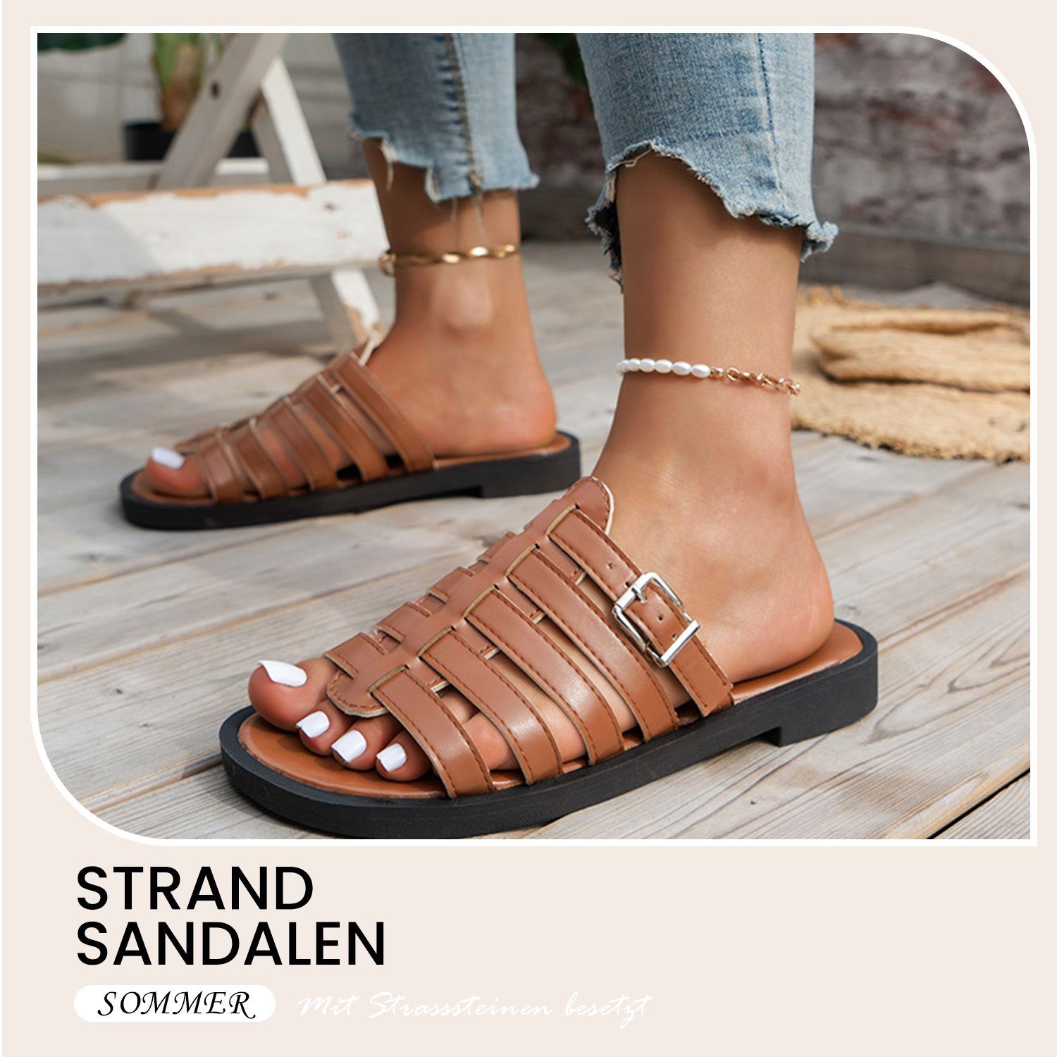 Gelb-braun Outdoorsandale Hausschuhe Sandalen Pantolette Flache Sandale Daisred Slides
