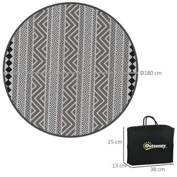 Outdoorteppich Wendeteppich mit Tragetasche, wasserdichte Kunststoffmatte, Outsunny, Rund, Höhe: 0.3 mm, für Garten, Terrasse, Camping, 180 cm, Grau+Schwarz