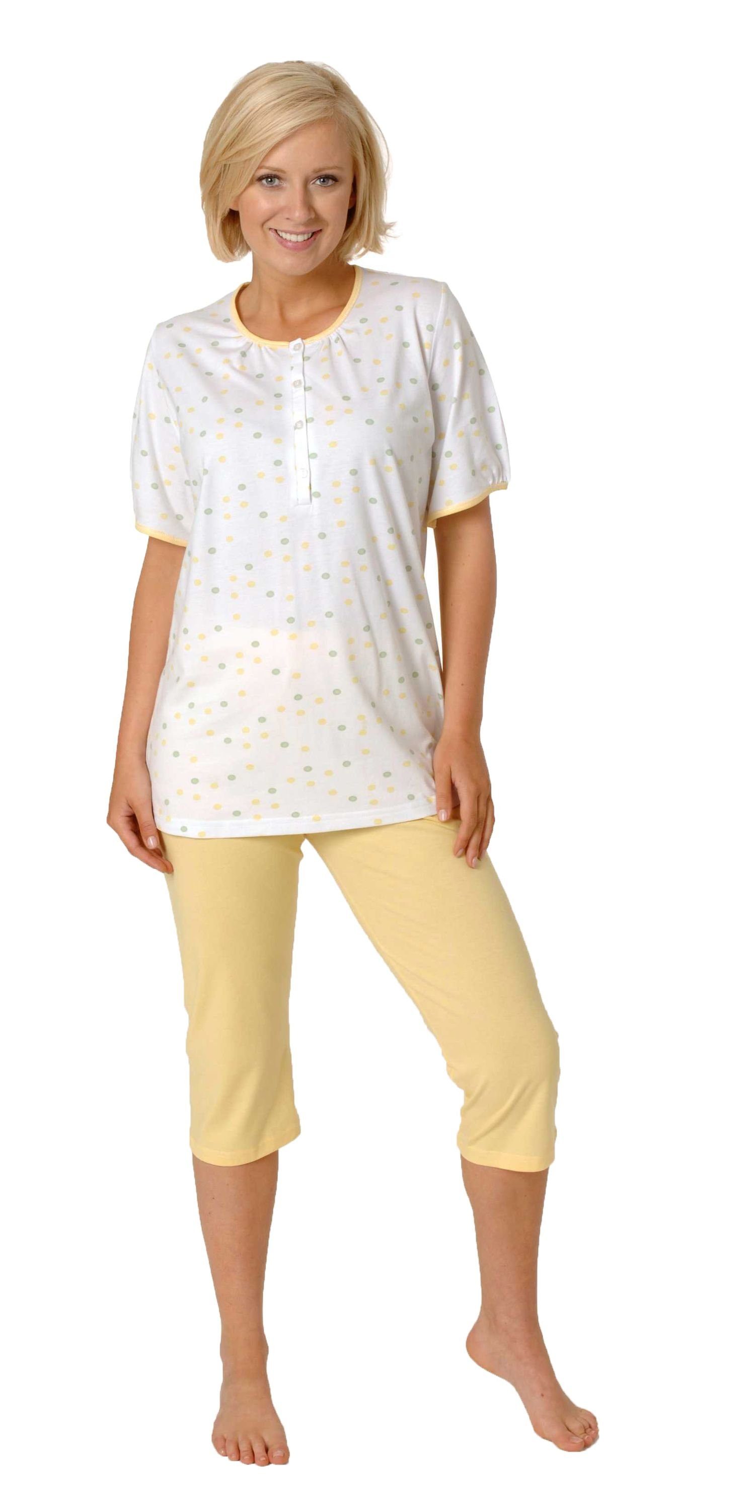 Normann Pyjama Übergrössen Damen Capri Schlafanzug, kurzarm mit Knopfleiste gelb