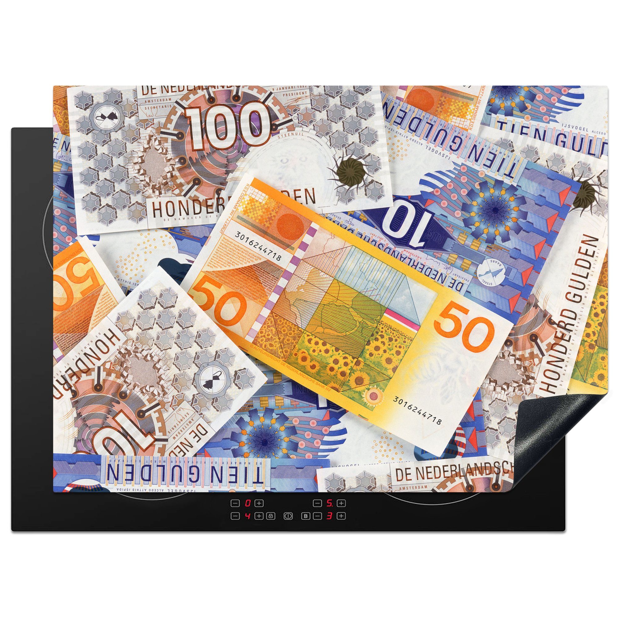 MuchoWow Herdblende-/Abdeckplatte Ein Stapel niederländischer Gulden-Banknoten, Vinyl, (1 tlg), 70x52 cm, Mobile Arbeitsfläche nutzbar, Ceranfeldabdeckung