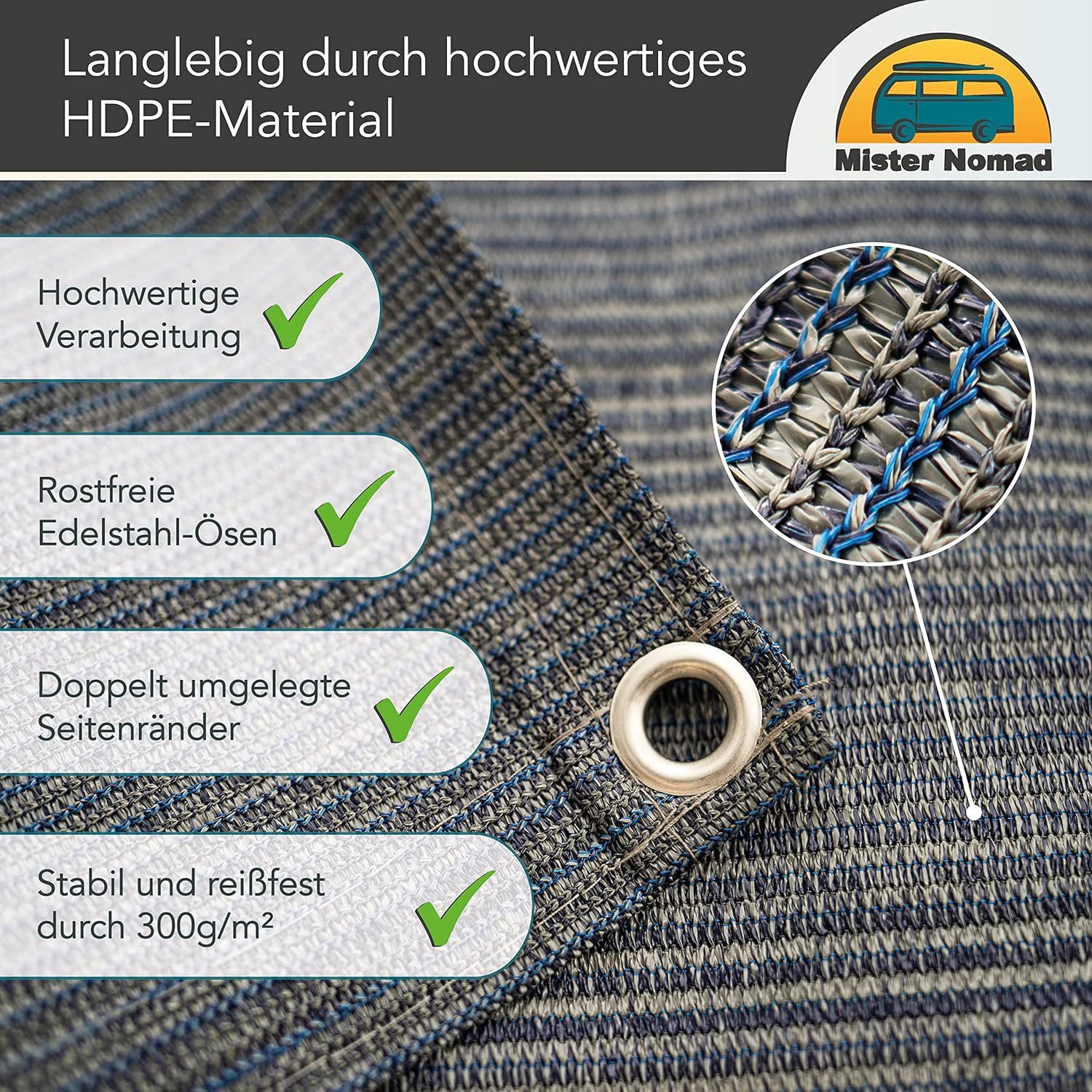 Mr Nomad Zeltteppiche Vorzeltteppich - hochwertiger 300 g/m² Softer Camping Teppich, inkl Tragetasche, T-Heringe, Stahlnägel & Kehrblech