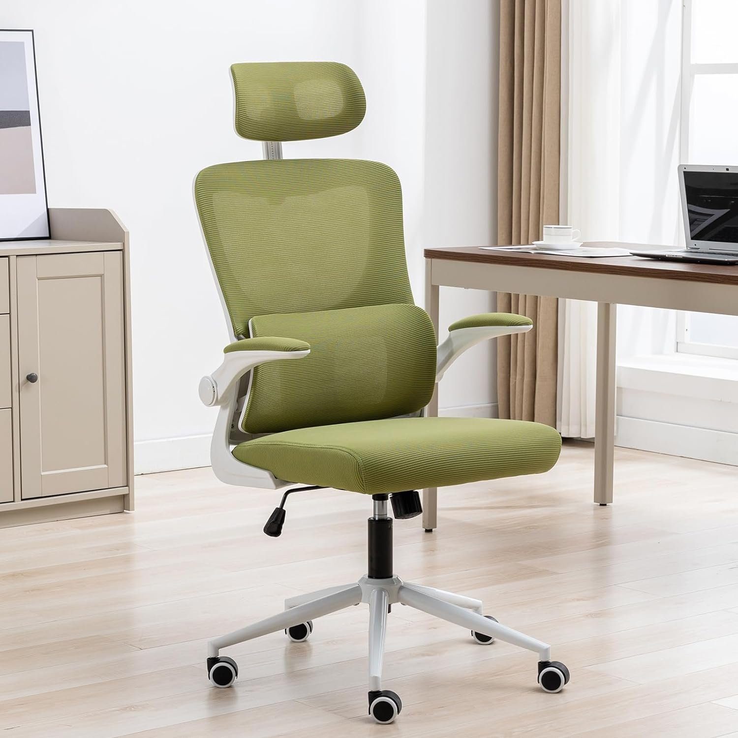 LIYURUI Bürostuhl (Stuhl mit Lordosenstütze/gepolsterter hochklappbarer Armlehne), Büro,Verstellbarer Schreibtischstuhl mit Kopfstütze atmungsaktiv 136Kg | Drehstühle