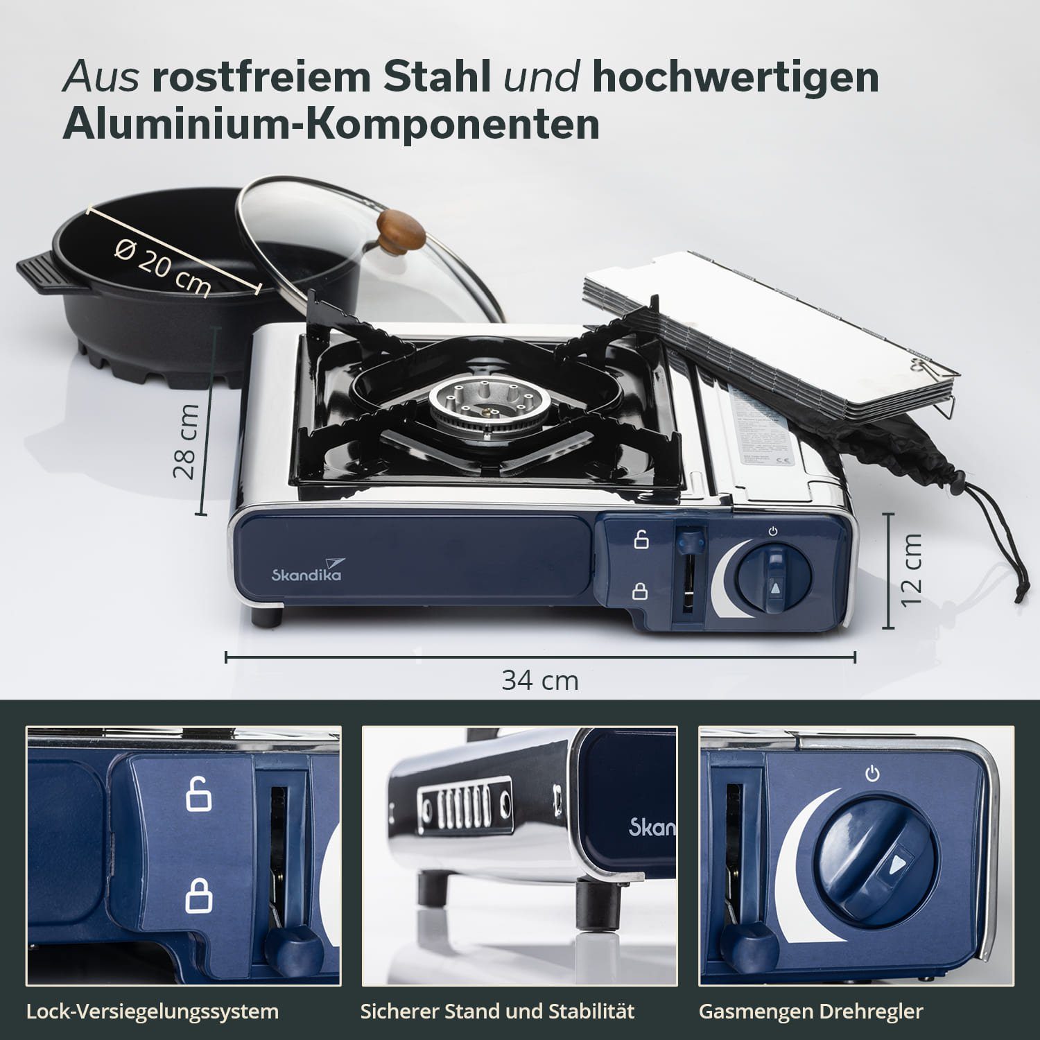 Skandika Gaskocher Brann, Campingkocher, Kochfeld, Gasbrenner, Edelstahl, Piezo-Anzünder, (1-flammig im Set, für Gaskartuschen MSF-1A 227 g, für Gaskartuschen MSF-1A 227 g), Topf mit Deckel, Windschutz, Tragekoffer, stufenlos regulierbar