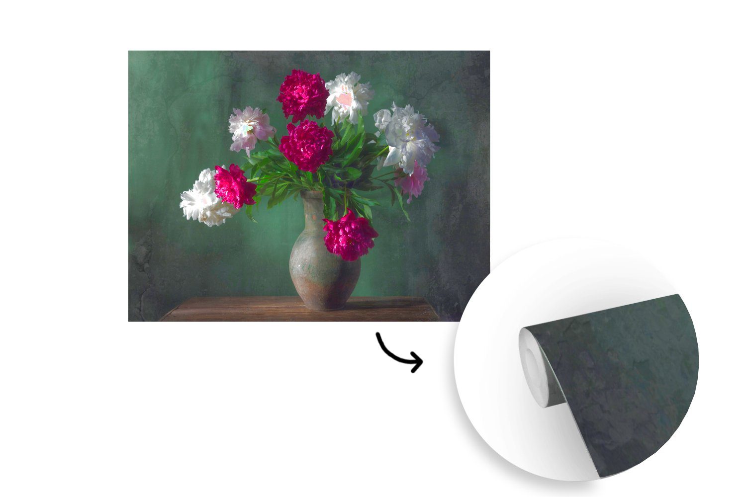 MuchoWow Fototapete Blumenstrauß - Aquarell Vinyl Matt, (6 Montagefertig bedruckt, für Wohnzimmer, St), Tapete Wandtapete Stilleben, 