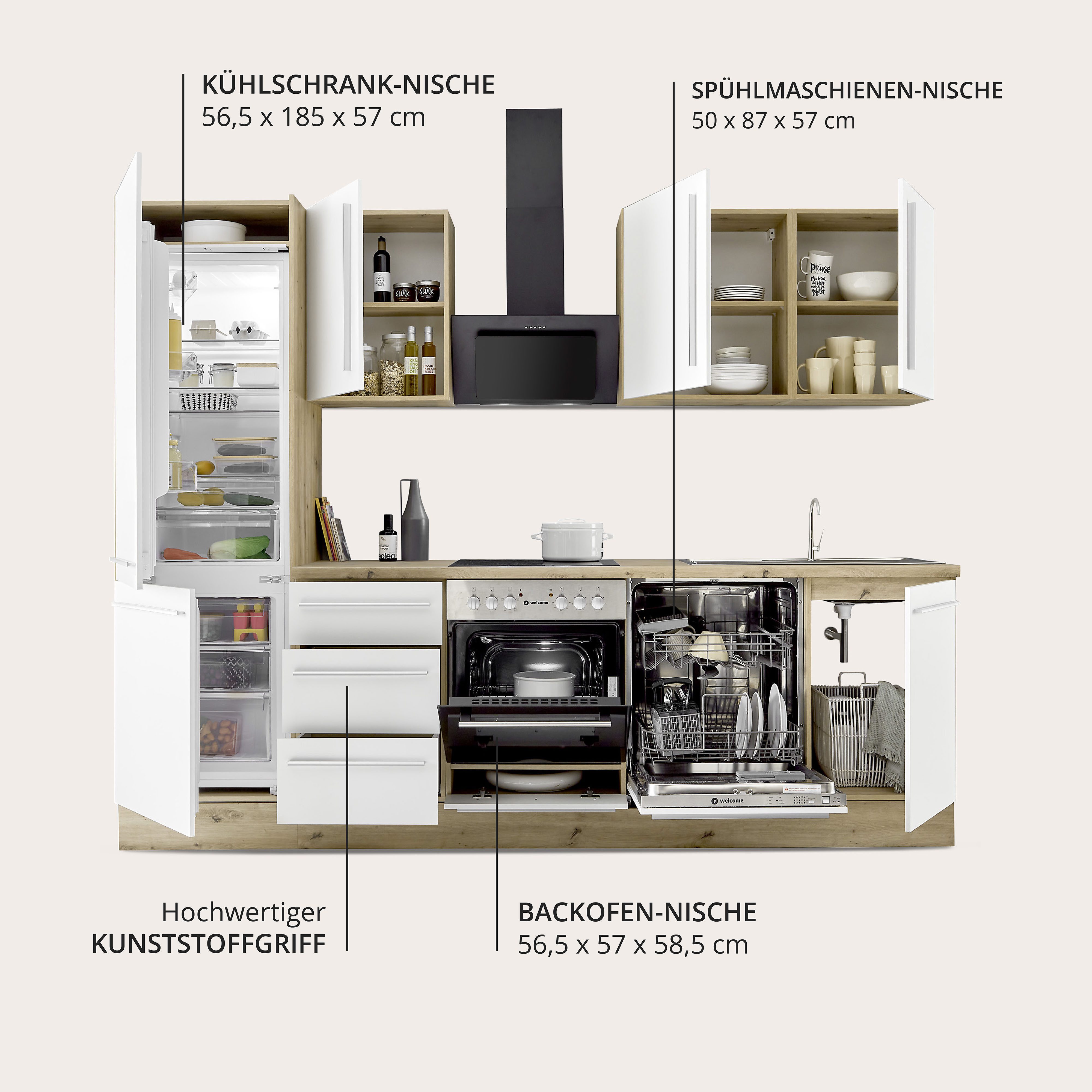 KOCHSTATION Küchenzeile KS-Florida mit 38mm starker Arbeitsplatte, Breite 280 cm, wahlweise mit E-Geräten, Soft-Close-Funktion – Bild 3 von 5