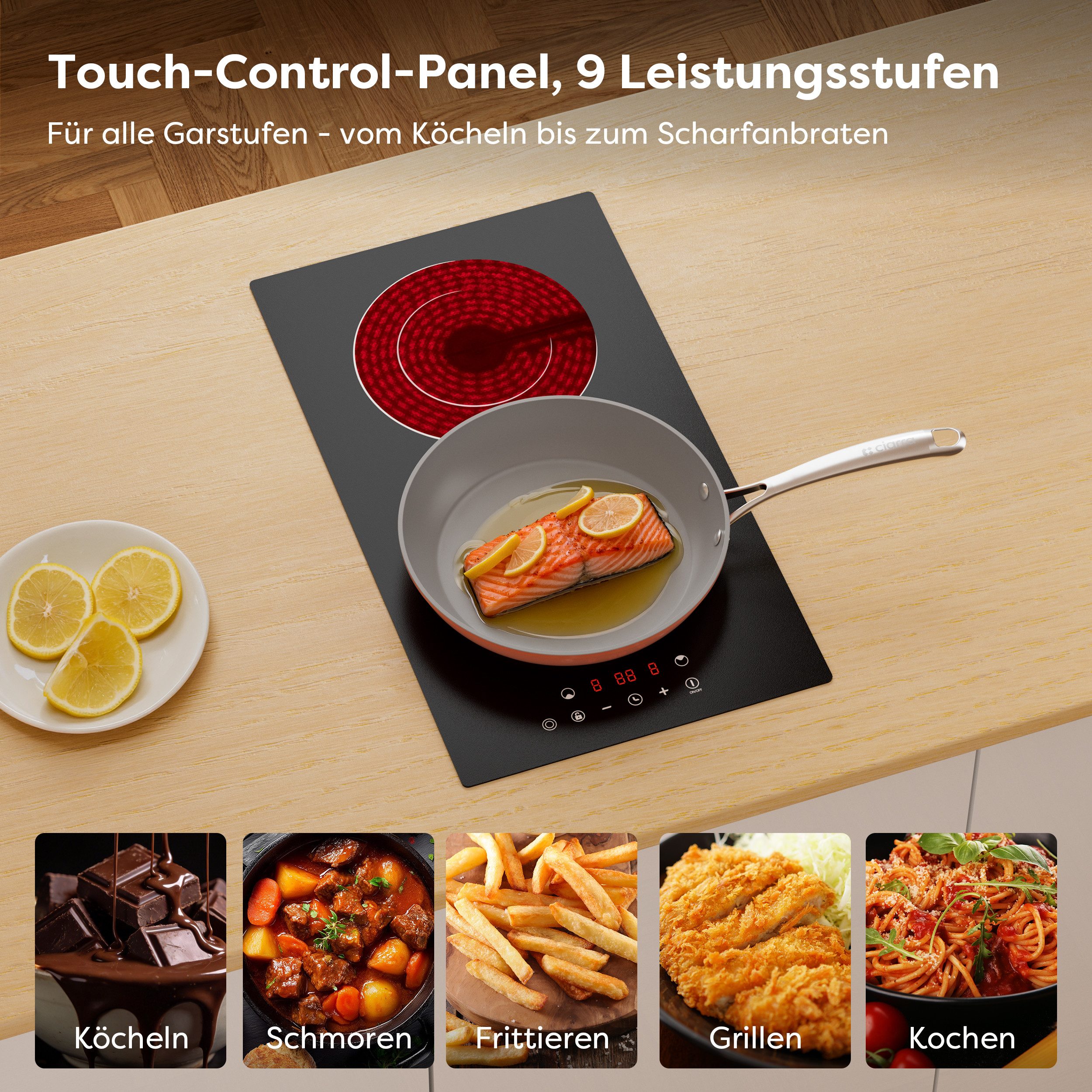 CDV Elektro-Kochfeld 30 cm Doppel-Ring Cerankochfeld 2 Zonen Einbau & Standgerät CDVER322, 9 Stufen, Touch Control mit Timer und Stecker, 3200 W