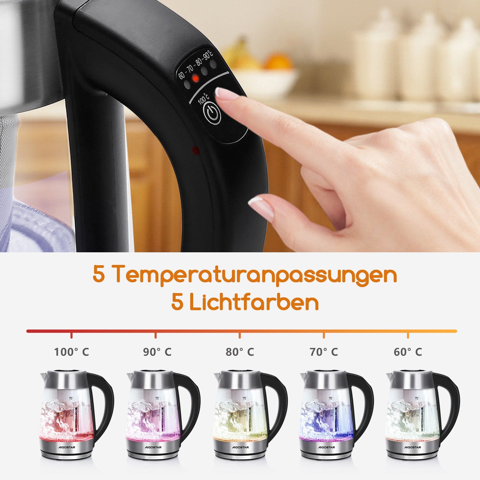 Aigostar Wasserkocher Aigostar Glas Wasserkocher mit Temperatureinstellung 1,7L, 60°-100°C, 1 l, Glas Wasserkocher mit Temperatureinstellung 1,7L, 60°-100°C