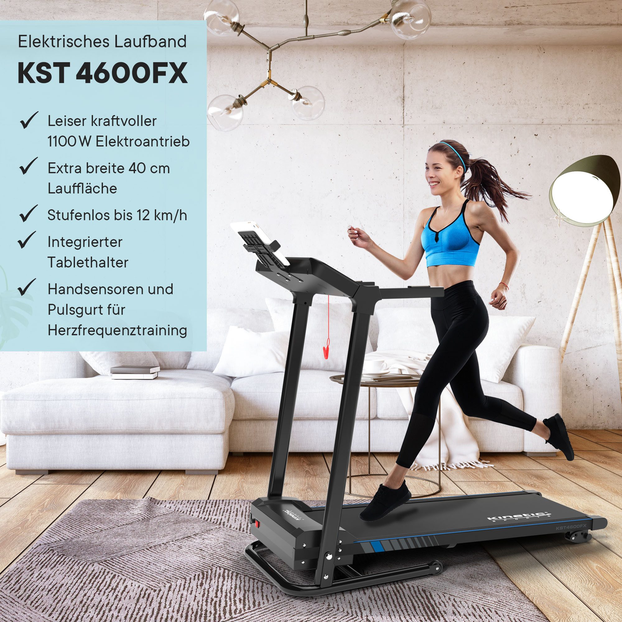 Kinetic Sports Laufband, 40 cm Lauffläche, LCD Display, 1100 Watt Motor, bis 12 km/h
