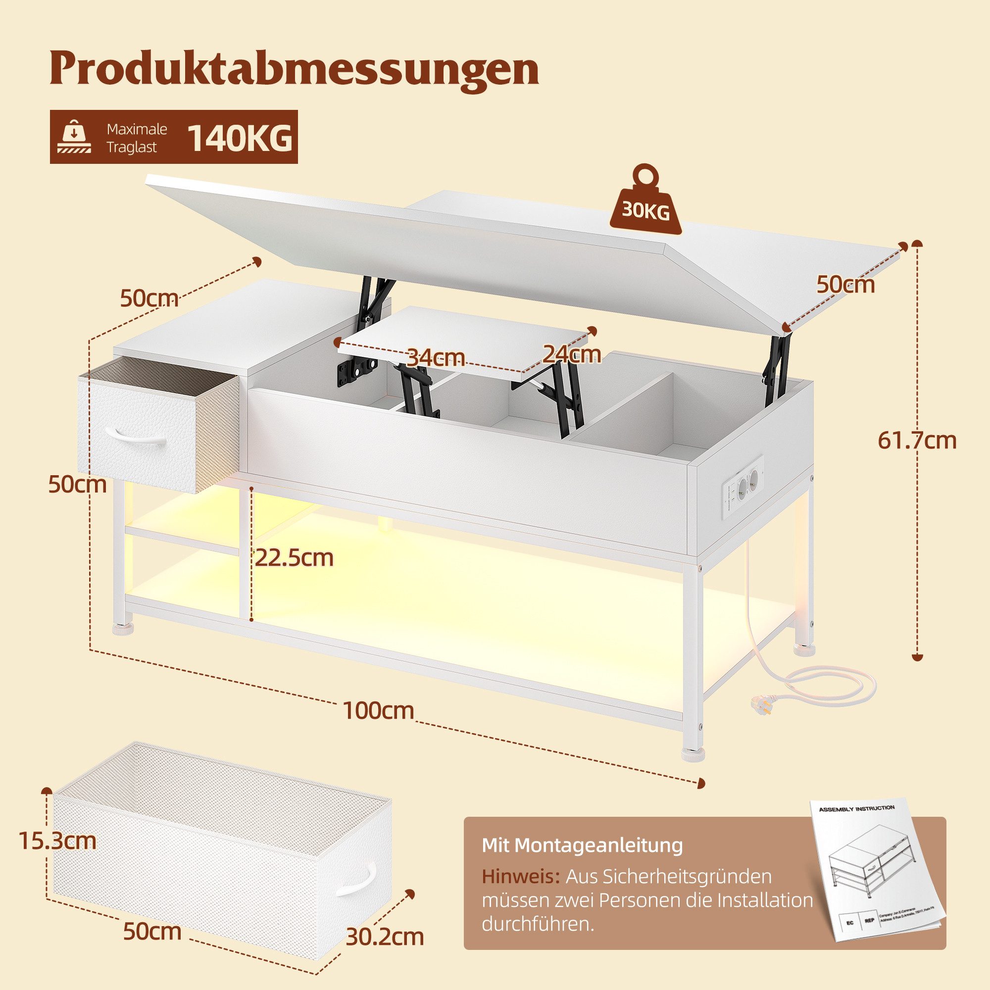 Klyvvo Couchtisch Höhenverstellbar mit LED und Stauraum, 4-in-1 Wohnzimmertisch (1-St), Steckdosen, USB, Coffee Table für Wohnzimmer, Büro, 1 Schubladen – Bild 2 von 5