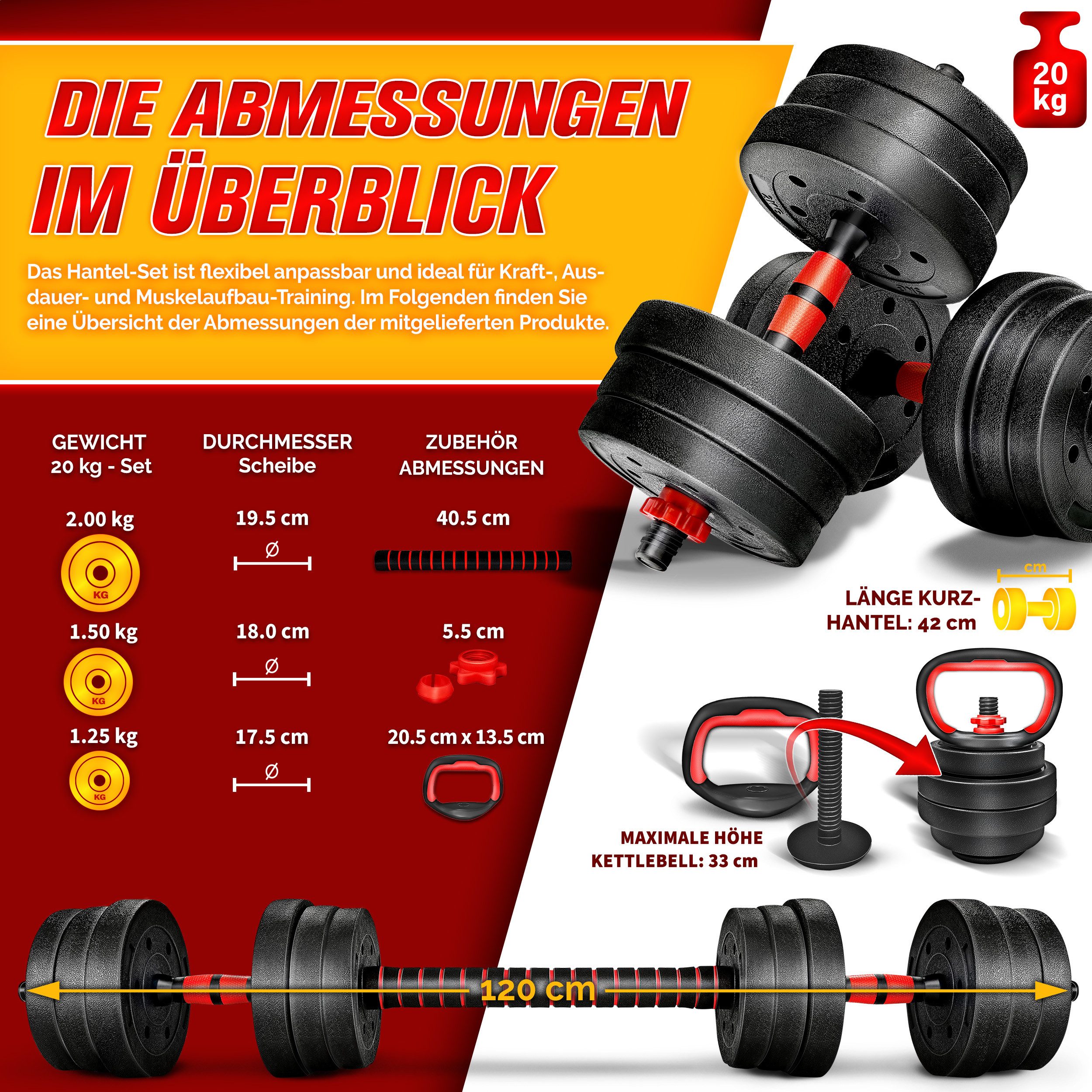 RE:SPORT Hantel-Set Hantelset verstellbar, Kurzhantel & Langhantel, Sternverschlüsse & Verbindungsrohr