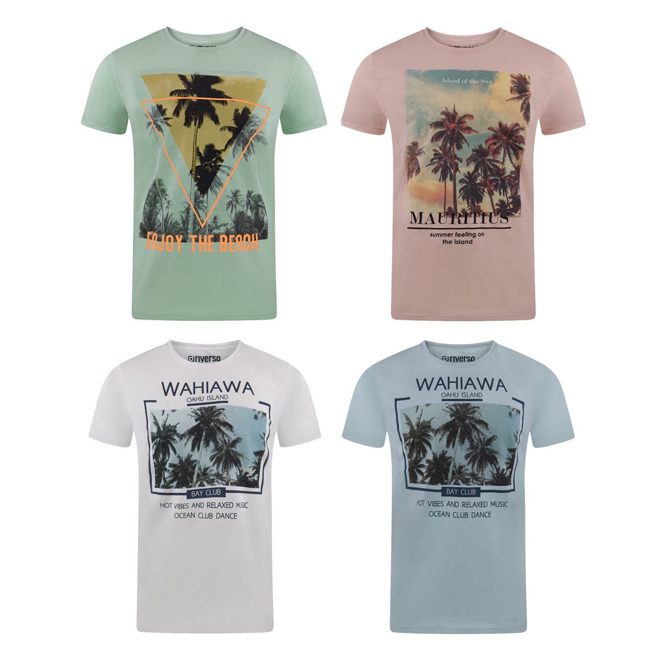 riverso T-Shirt Herren Printshirt RIVLukas 4er Pack Regular Fit (Vorteilspack, 4-tlg) Kurzarm Tee Shirt mit Rundhalsausschnitt aus 100% Baumwolle