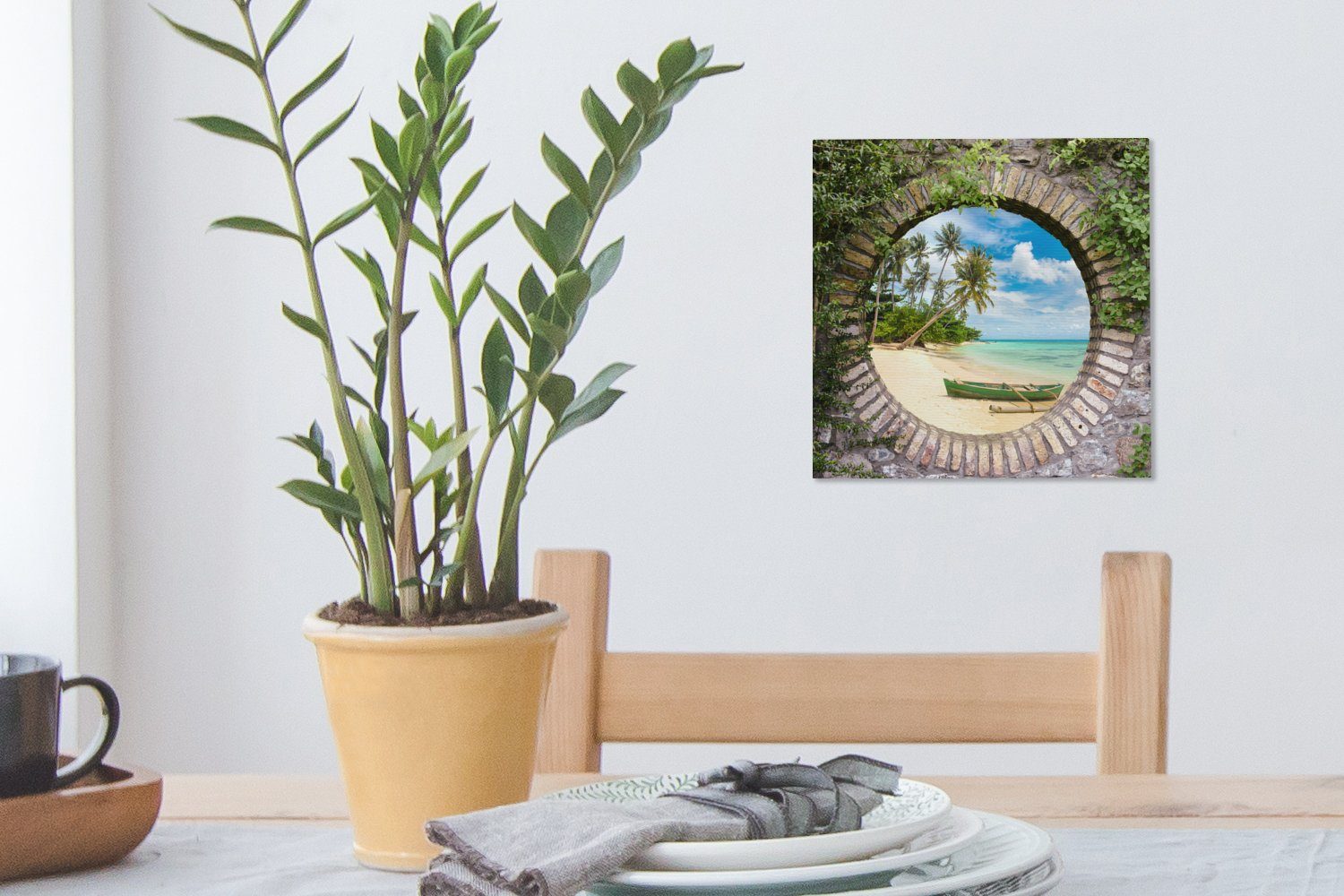 OneMillionCanvasses® Leinwandbild Strand Palme Leinwand Wohnzimmer Schlafzimmer St), Aussicht (1 Kanu, - - für Bilder 