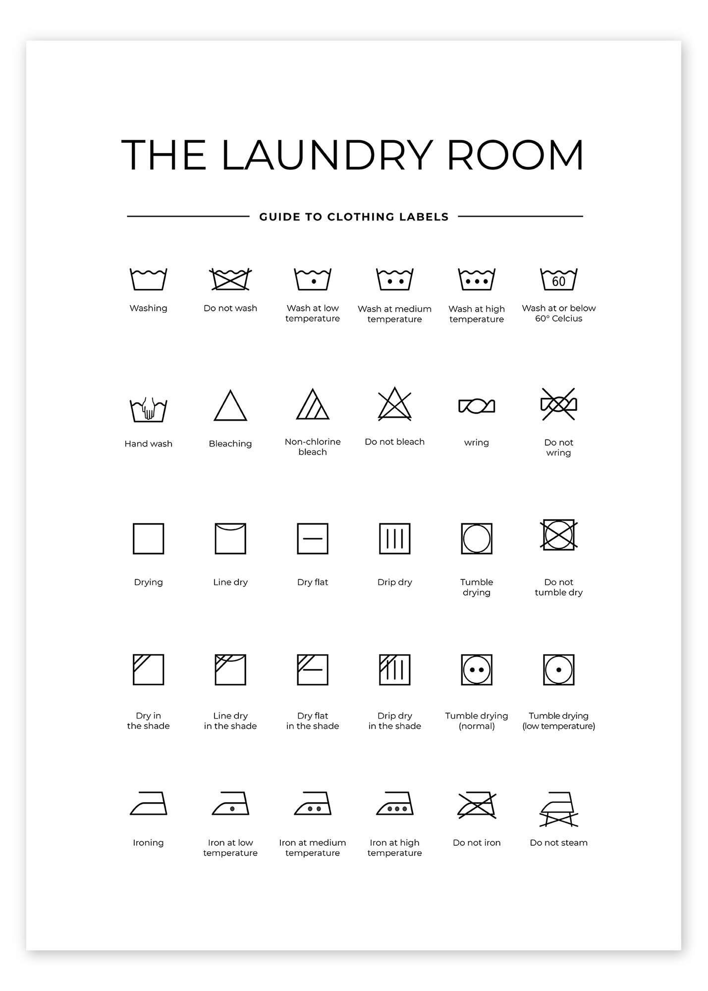 Posterlounge Wandbild The Laundry Room - Waschsymbole (englisch), Typobox, erhältlich als Poster, Leinwandbild, Wandsticker oder Acrylglasbild