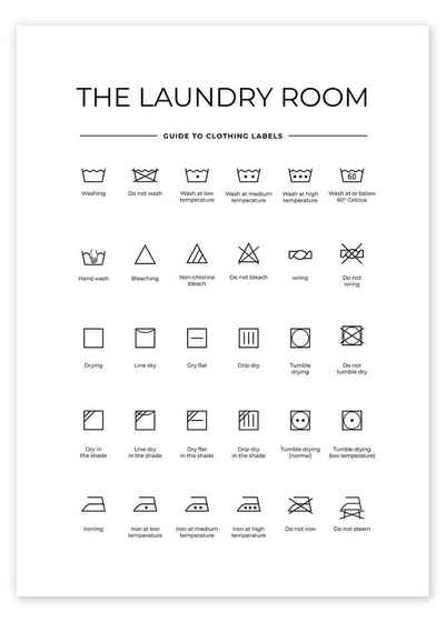 Posterlounge Poster Typobox, The Laundry Room - Waschsymbole (englisch), Badezimmer Grafikdesign