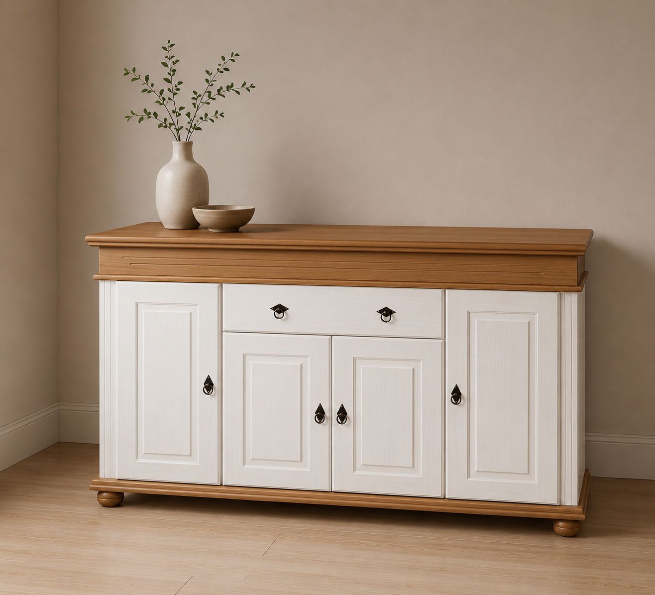 Inter Link Sideboard Halmaro, Kiefer Massivholz, Soft-close, 181 x 46 x 100 cm, Stauraum (1 St), Kommode in Weiss, Braun/Oak, Landhausstil, 4 Türen, 1 Schublade