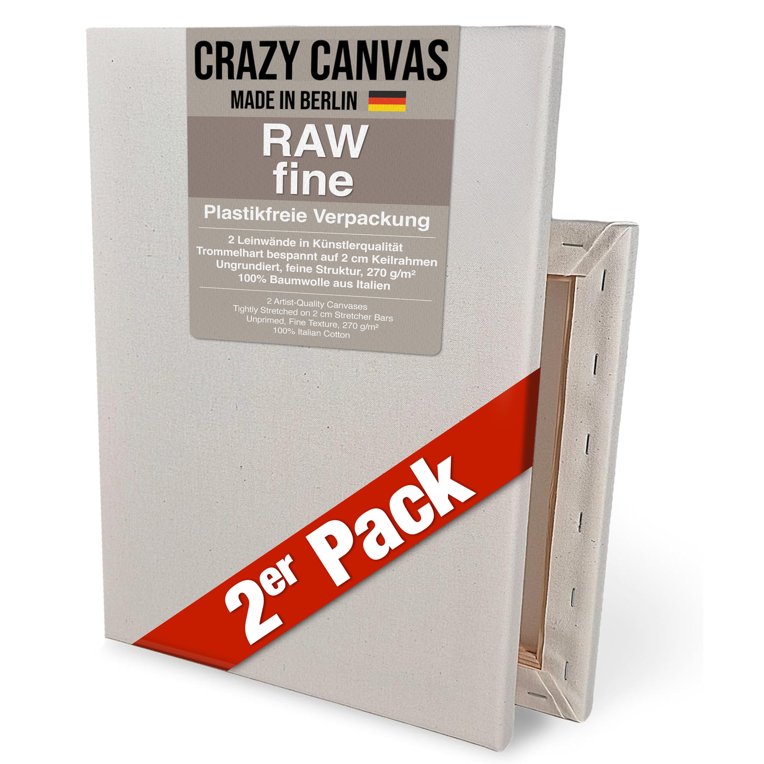 Crazy Canvas Leinwand RAW Fine 30x30 cm, 2er Pack, feine Struktur, versandfrei, ungrundiert, 270 g/m², feine Struktur, helle Optik, Made in Berlin