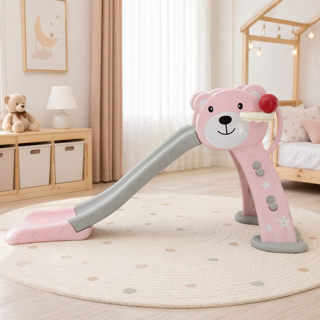 Sweety-Toys Indoor-Rutsche freistehende Kinder Rutsche Teddy Bär rosa mit Basketballkorb 2-in-1