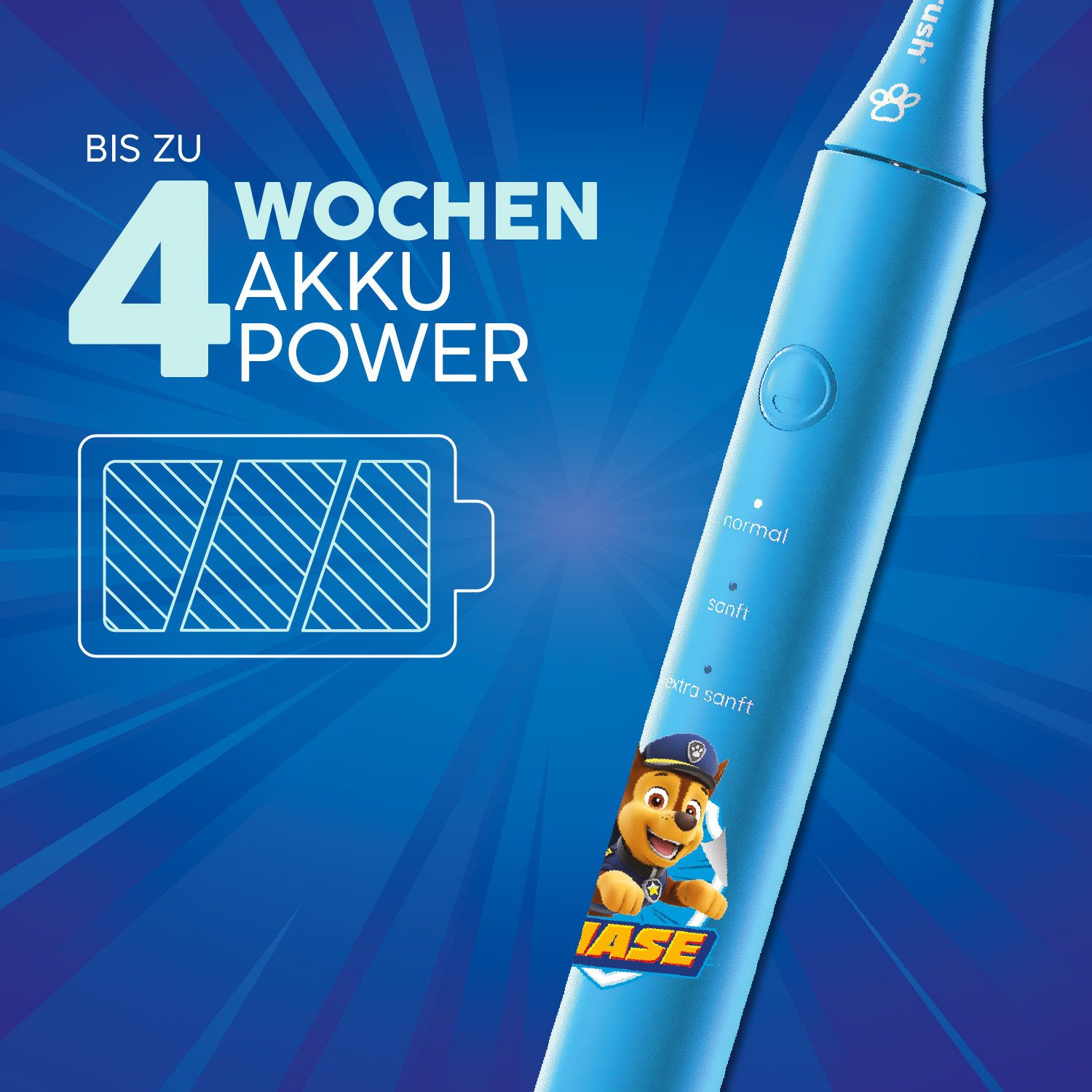 happybrush Elektrische Kinderzahnbürste PawPatrol - 4 Monate Akku - 100 Tage Probeputzen - mit Stickern, Aufsteckbürsten: 4 St., PawPatrol Kinderlernzahnbürste, 16x PawPatrol Sticker, 4 Wochen Akkulaufzeit, 3 Reinigungs-Modi