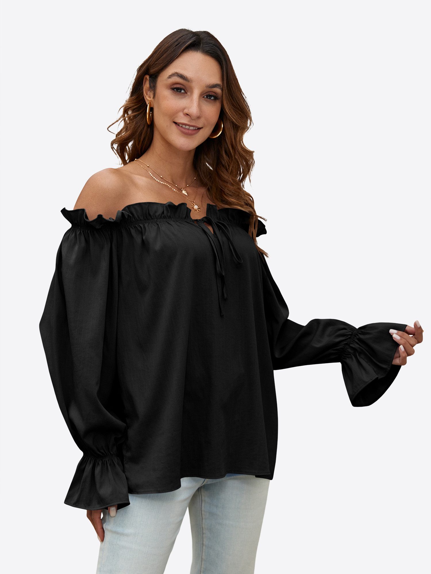 Imily Bela Langarmbluse Damen Schulterfreie Oberteile (Packung, 1-tlg., 1per-Pack) Einfarbig