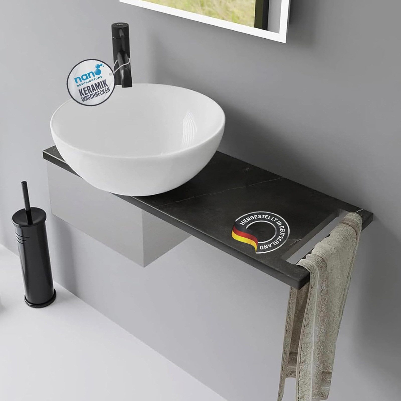 Alpenberger Aufsatzwaschbecken Rund - Waschschüssel Waschbecken Klein Gäste WC Set mit Handtuchhalter (Waschschale mit Nano, Handwaschbecken), mit Keramikplatte und Edelstahlkasten