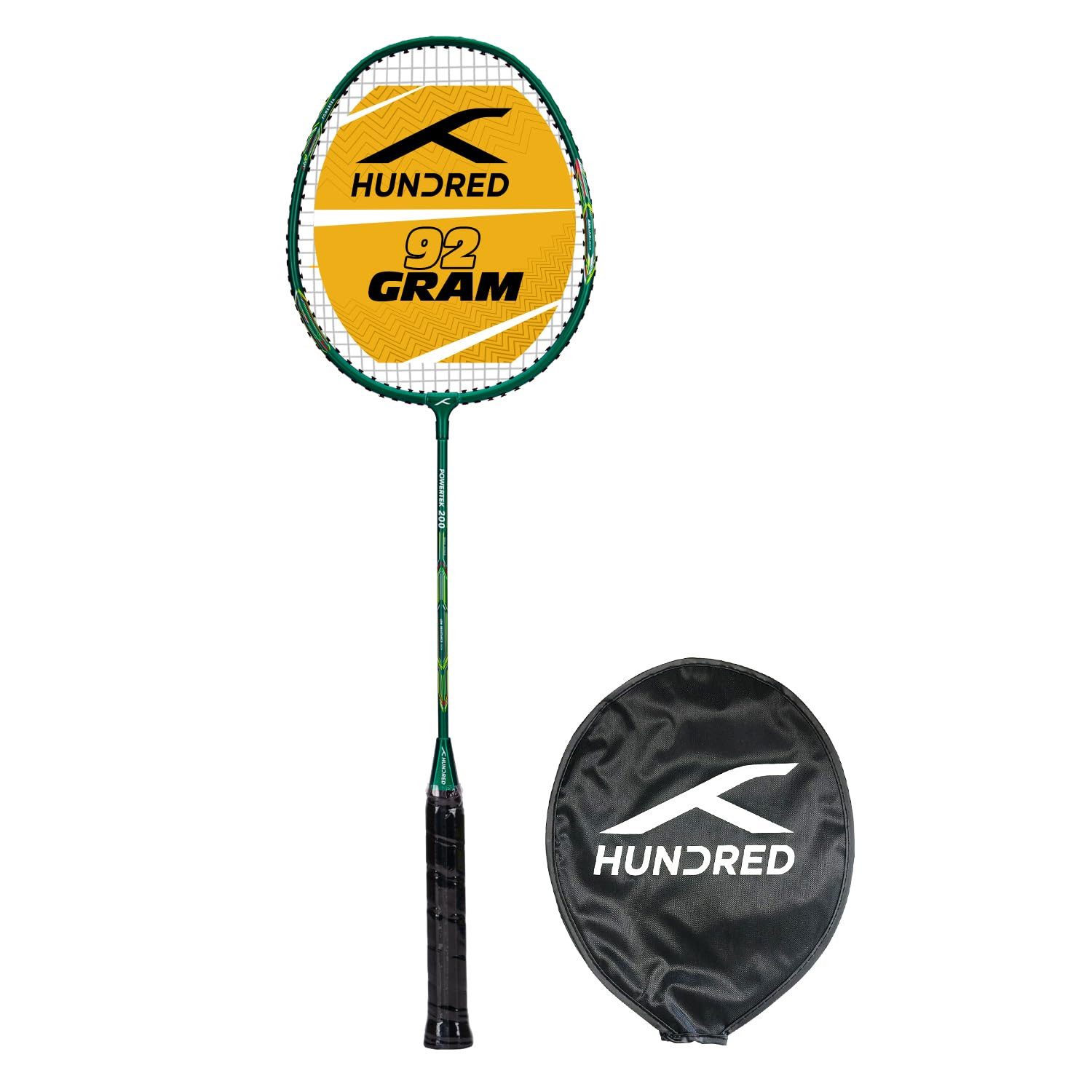 hundred Badmintonschläger Powertek 200 PRO schläger mit Kopfabdeckung, Bespannt, (Maximale Saitenspannung - 18-20lbs, Für fortgeschrittene Spieler), Badmintonschläger Graphit Leichtgewicht Profi Squash