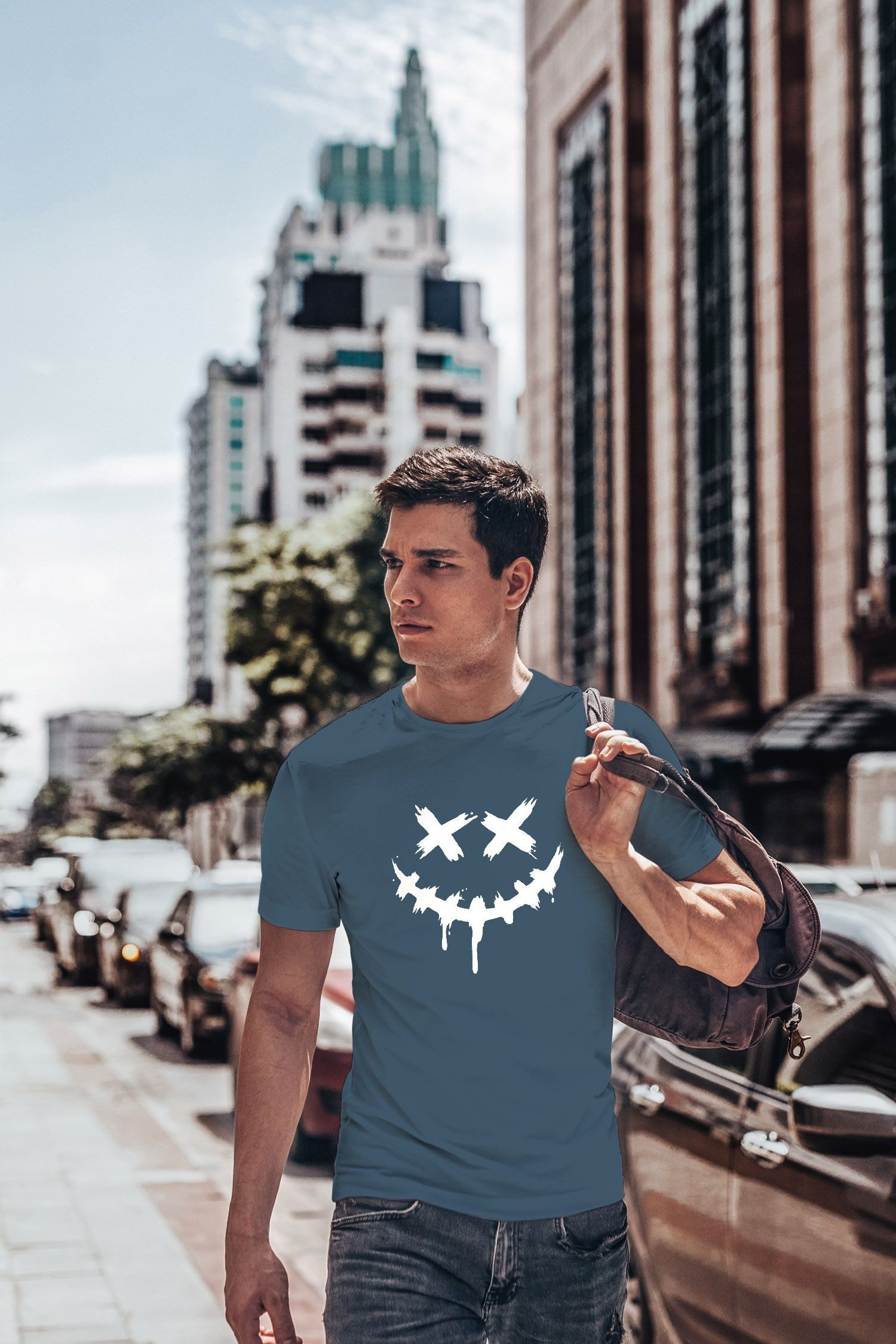 Neverless Print-Shirt Herren T-Shirt Bedruckt Techwear Fashion Streetstyle Smiling Face mit Print