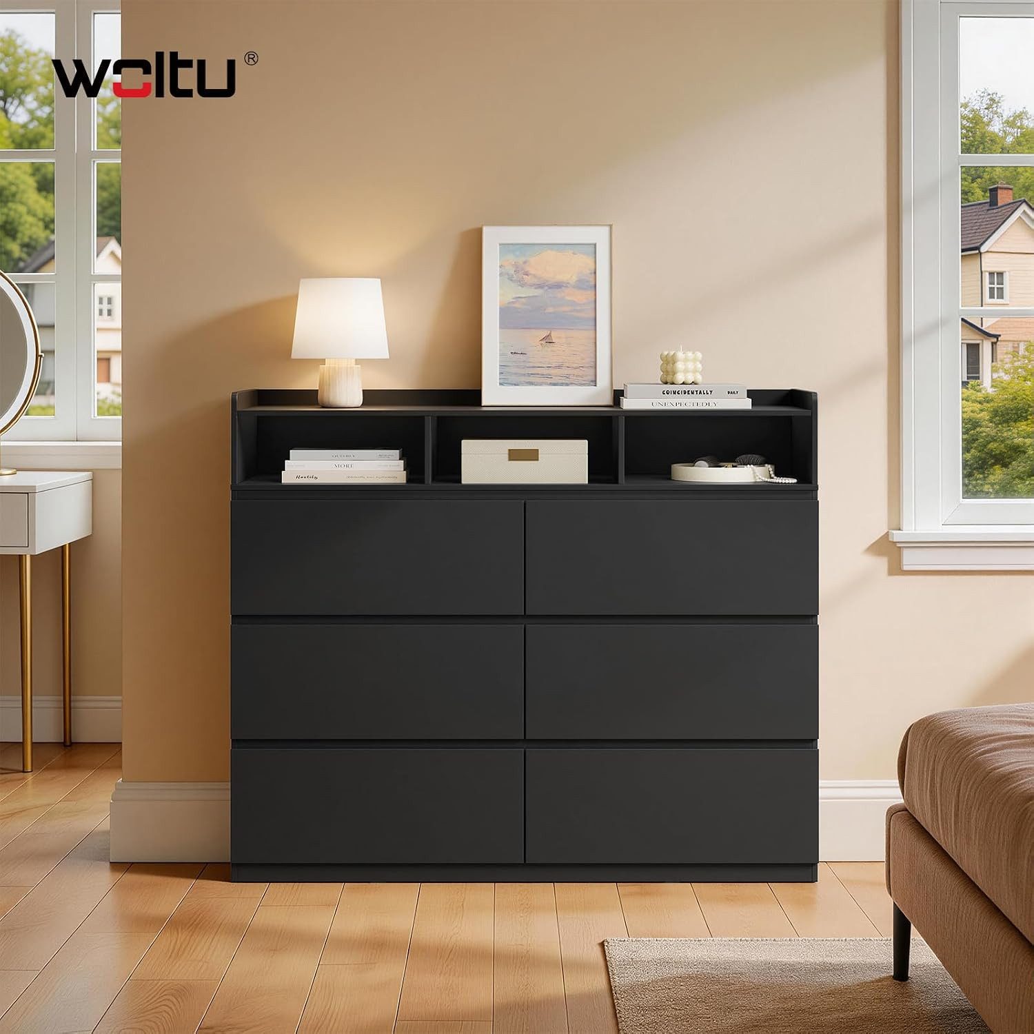 Woltu Kommode (2 St), mit 6 Schubladen und 3 offenen Fächern, 120x40x100 cm