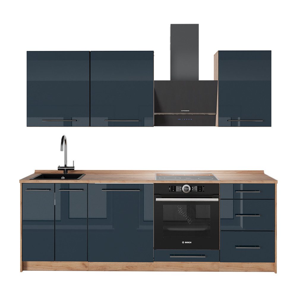 Vicco Küchenzeile Fame-Line, Dunkelblau Hochglanz/Goldkraft Eiche, 230 cm, AP Eiche
