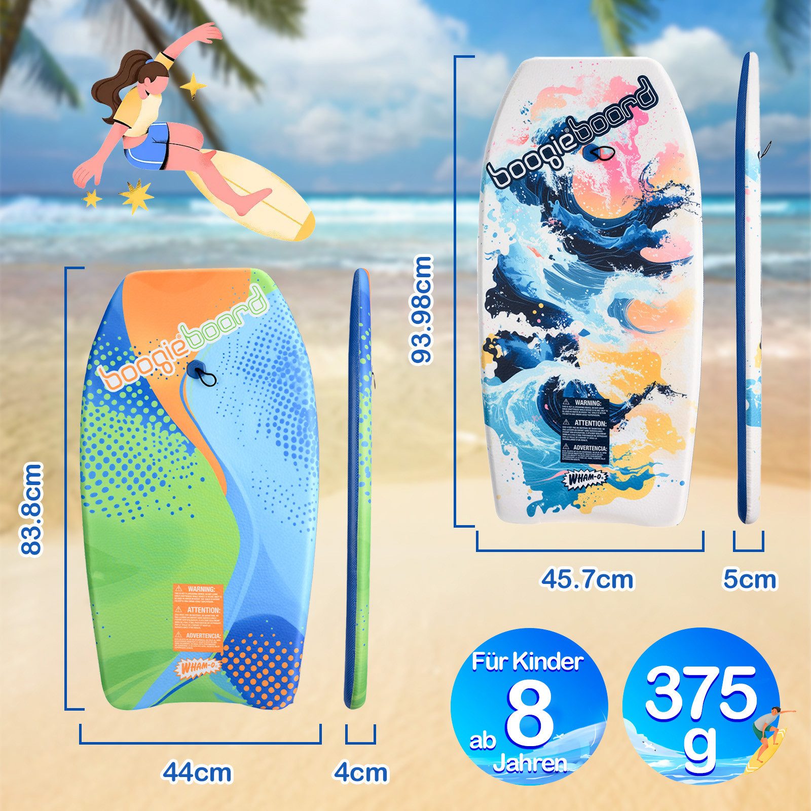 WHAM-O Bodyboard Kurve & Welle Boogie Board, Bodyboard, Mit Fangriemen, rutschfest, leicht, für Kinder, Grafikdesign