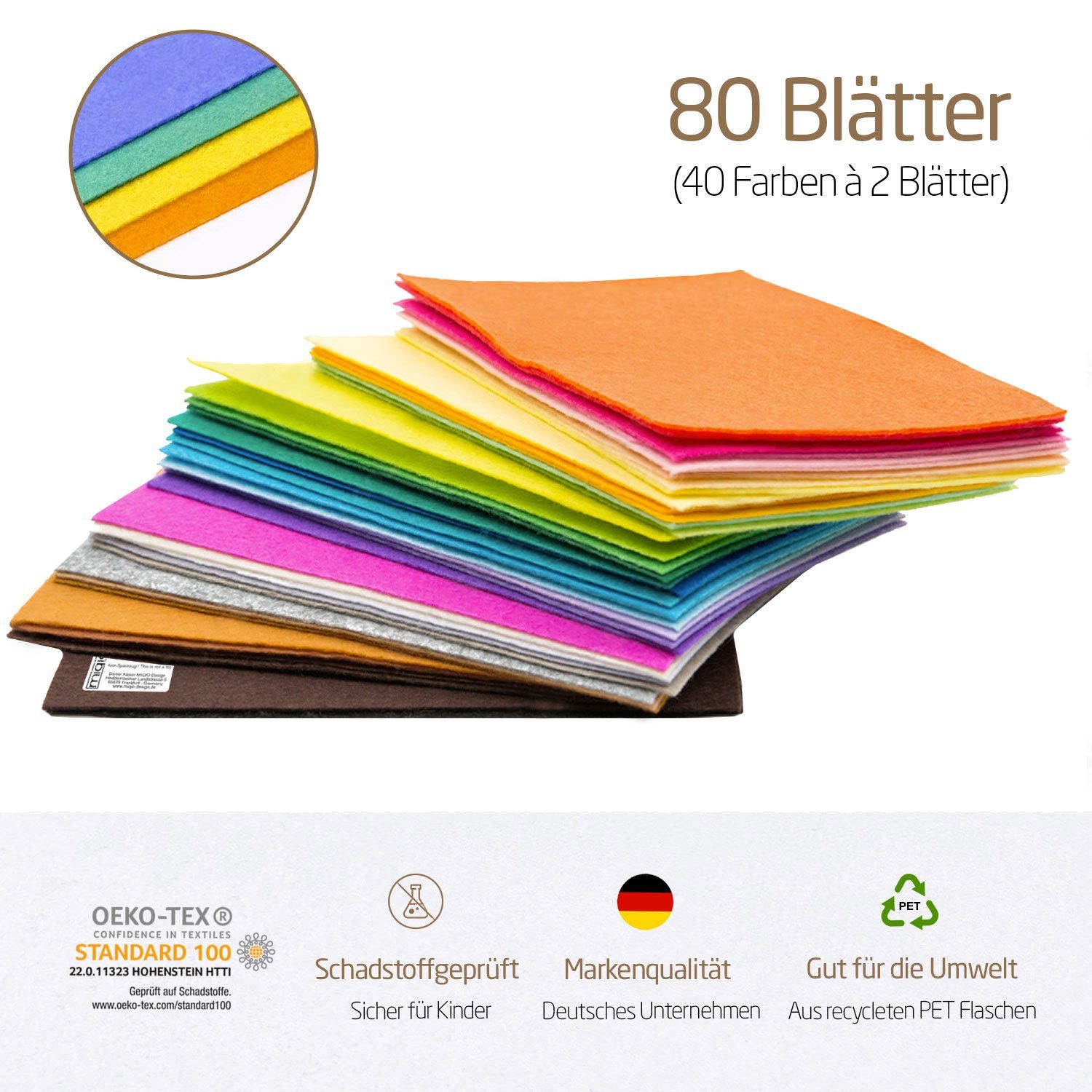 Thumbnail - Miqio Bastelfilz 80 er Set Bastelfilz 80 Blatt Filzstoff 30 x 30 cm, Schadstoffgeprüft. Ökotex zertifiziert.