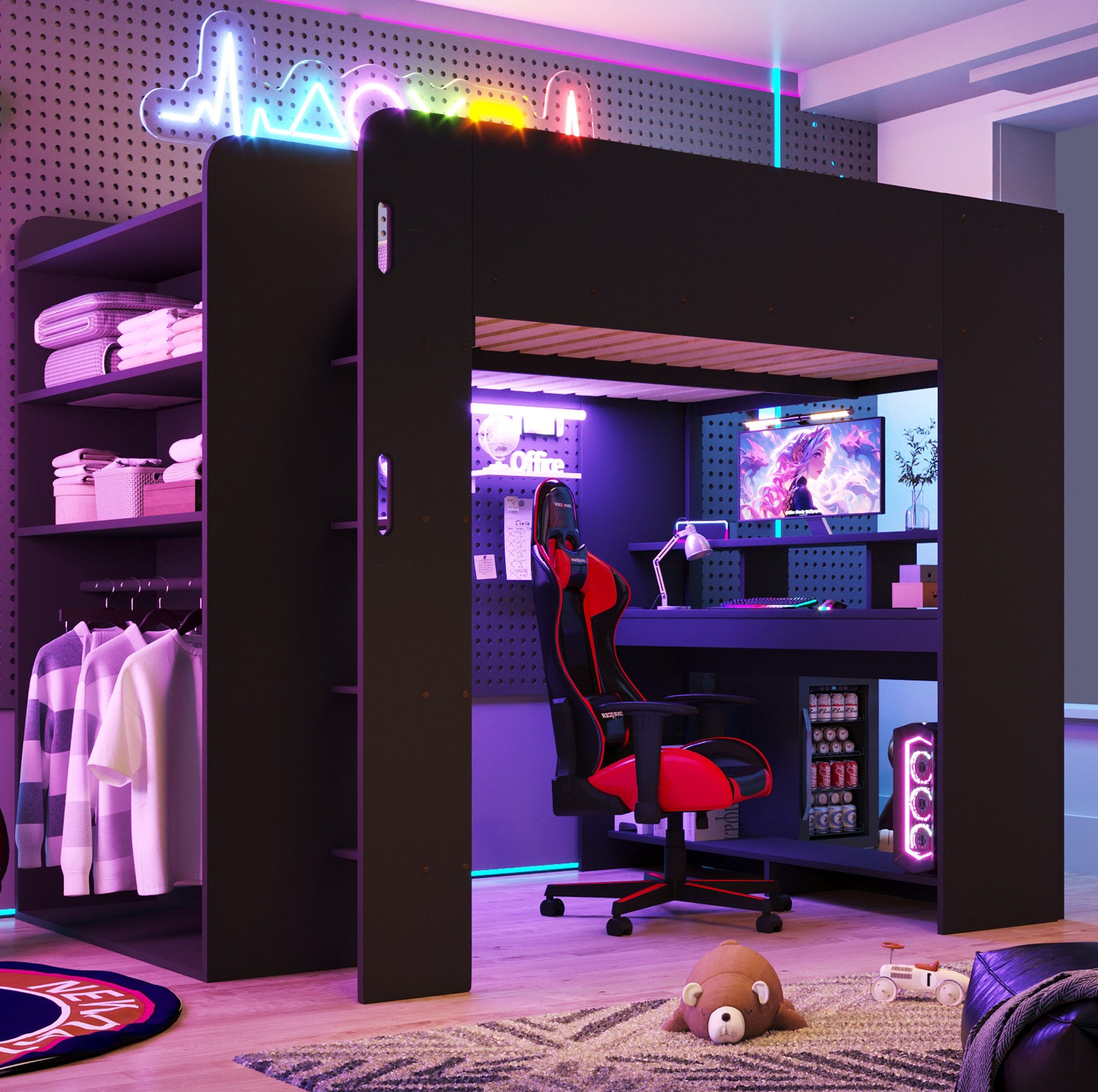 OKWISH Hochbett Gaming Etagenbett Schwarz 140x200 cm Holz mit LED und USB (Packung, 1-St., Schlafbett ohne Matratze für Gaming Zimmer und Jugendliche) Jugendbett mit Schreibtisch Kleiderschrank und Stauraum Fächern