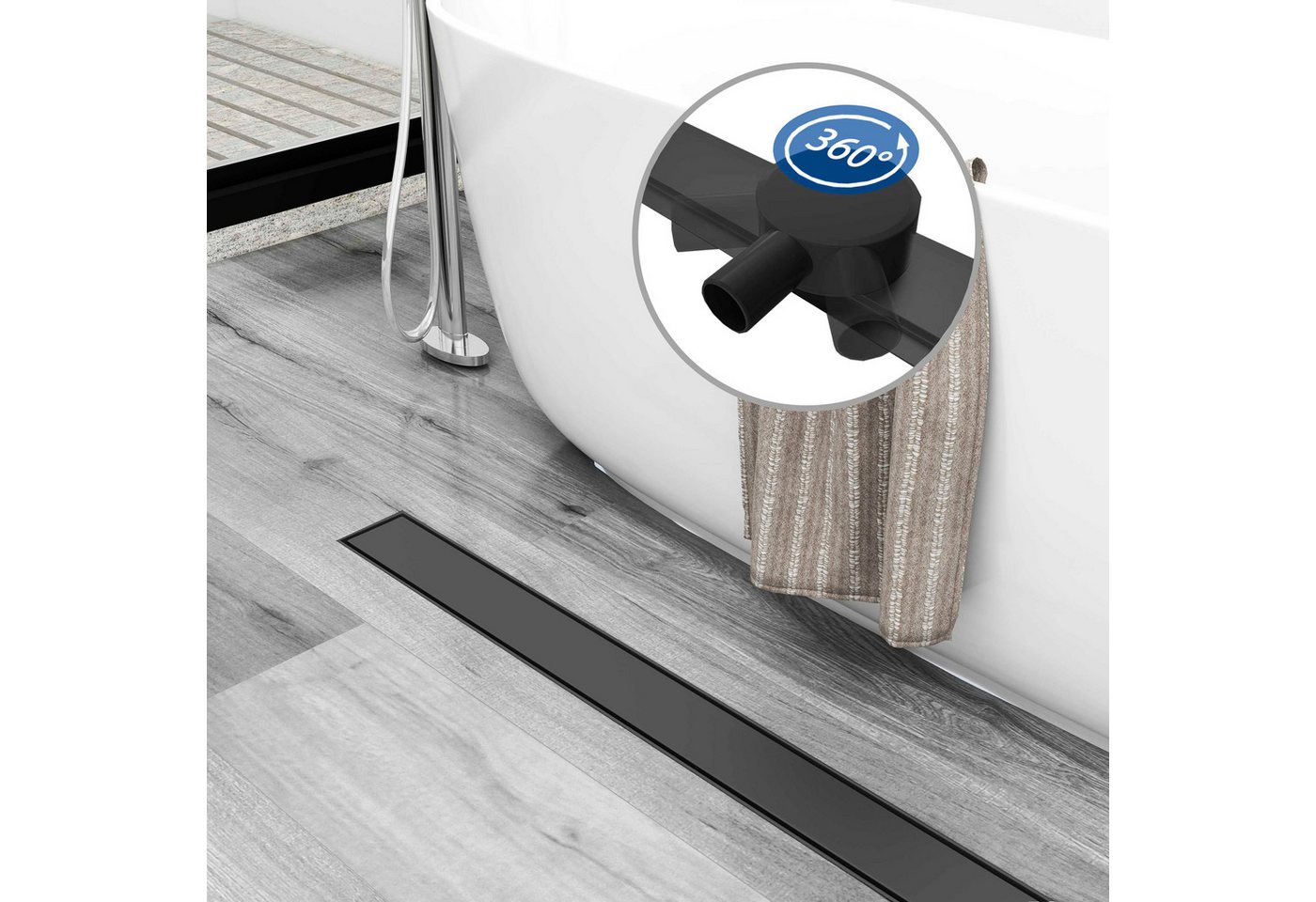 Thumbnail - duschspa Duschrinne Schwarz Edelstahl Bodenablauf befliesbar,2 in 1 Doppelseitig Design mit 360° ↻ Drehbarem Siphon, Ger...