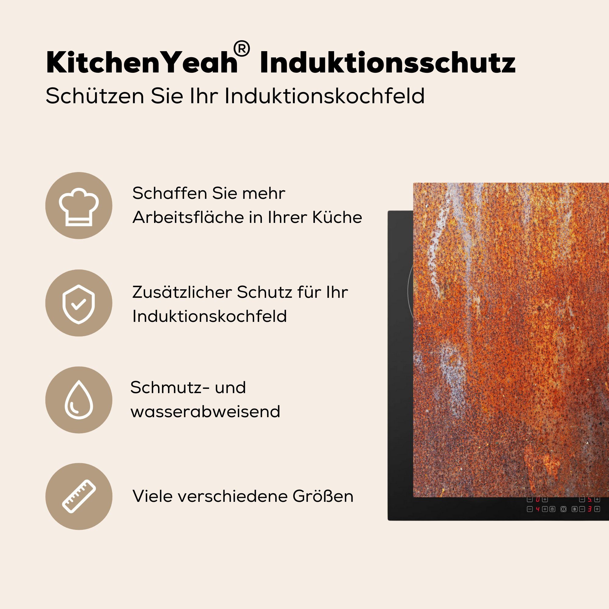 Vinyl, - cm, (1 Vintage Küchen Dekoration für MuchoWow Metall, Herdblende-/Abdeckplatte - Induktionsherd, Induktionskochfeld tlg), 58x51 Rost