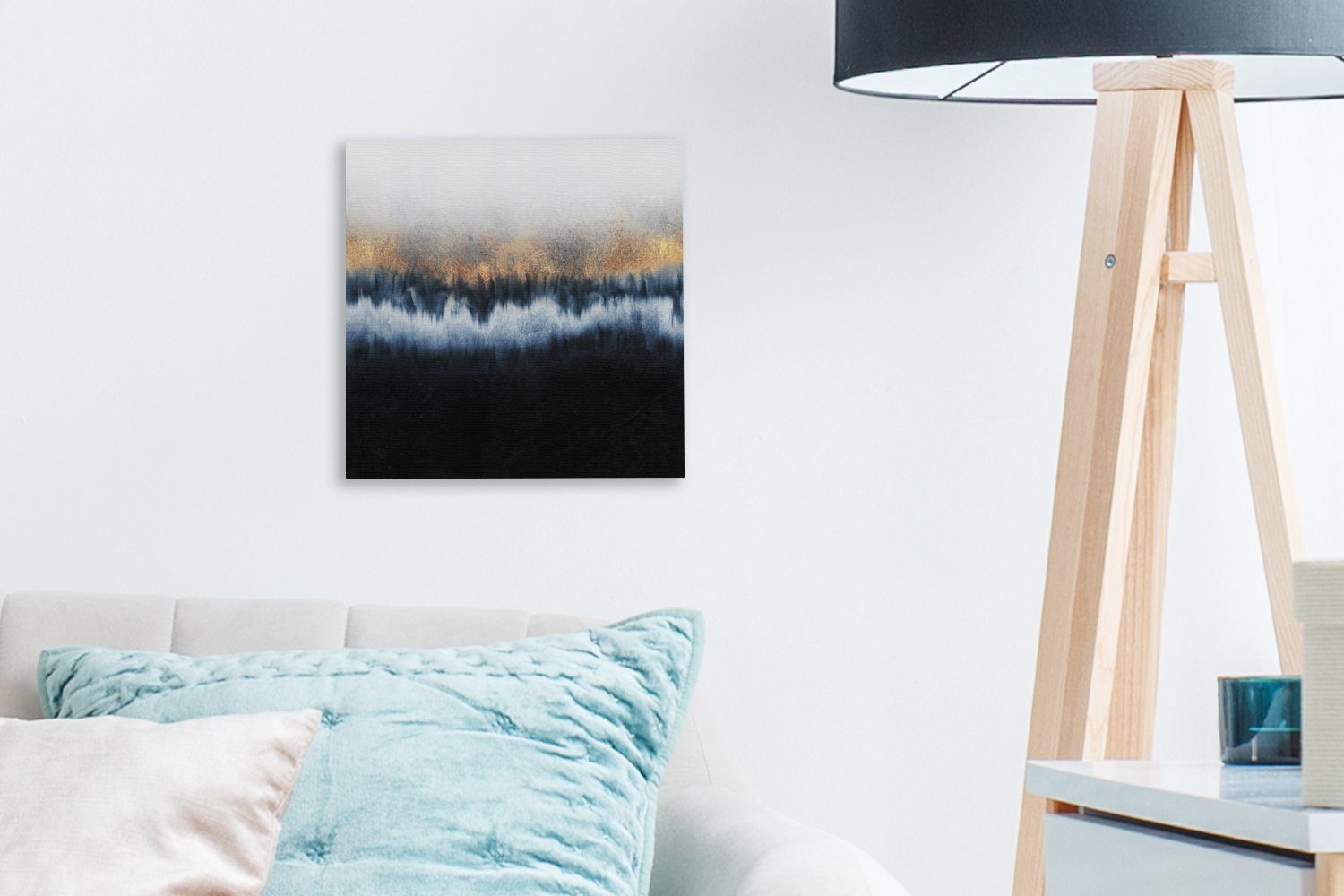 - Luxus Wohnzimmer - Blau, - St), Gold Abstrakt (1 Leinwand OneMillionCanvasses® Leinwandbild Schlafzimmer für Bilder