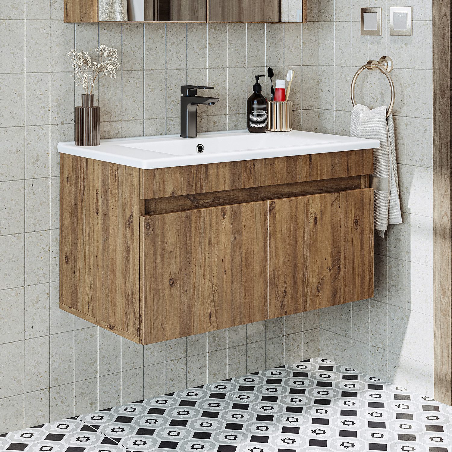 Roomart Waschtisch ATRIA Unterschrank 85 cm, Keramik-Einbaubecken, 4 Farben, Soft-Close (Badmöbel ATRIA 85 cm in 4 Farben Unterschrank mit Waschbecken), Keramik-Einbaubecken, Ablagefläche 15,5 cm, Soft-Close, hängend