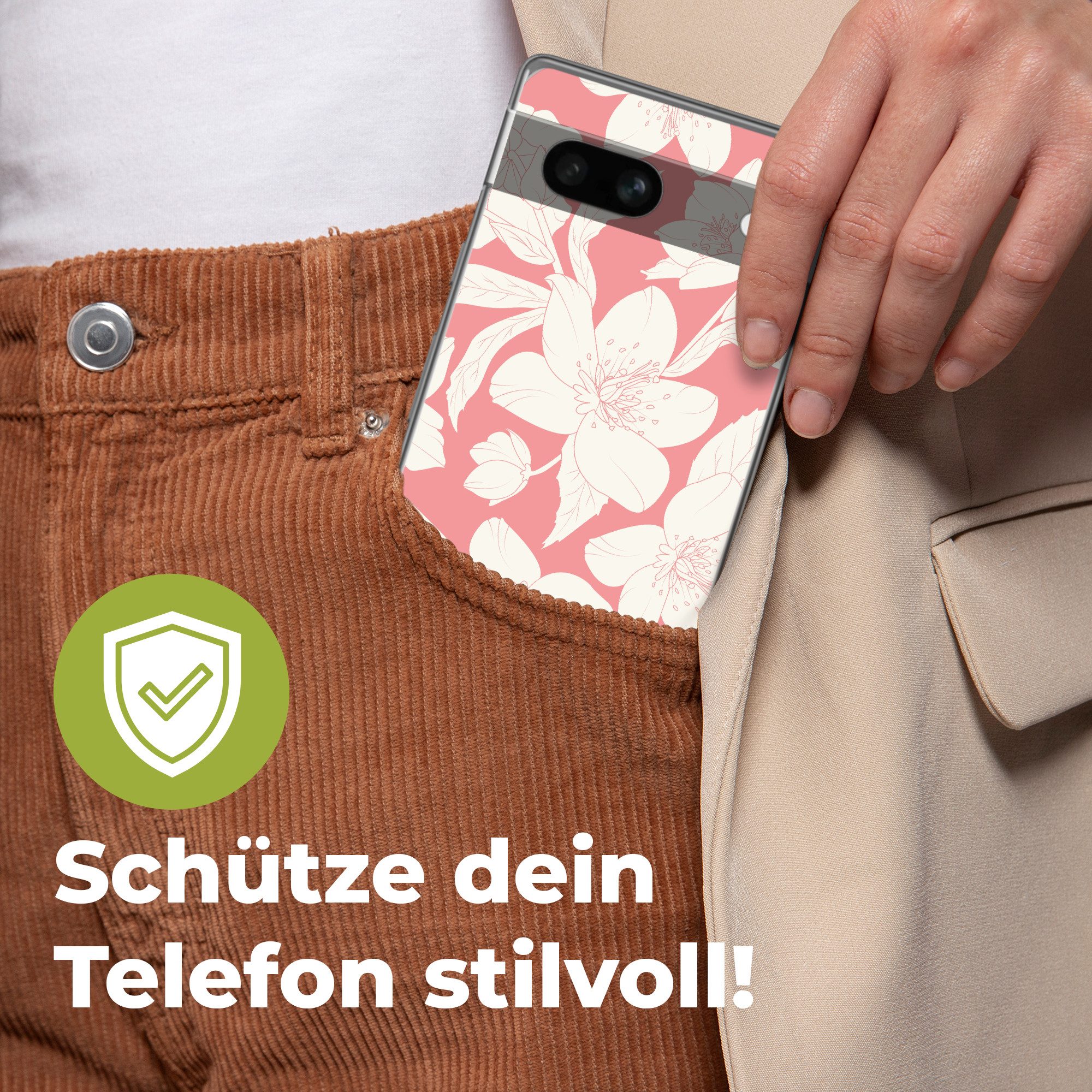MuchoWow Handyhülle für Google Pixel 7a Blumen - Muster - Rosa - Weiß, Handy Case, Silikon, Bumper Case Dünn