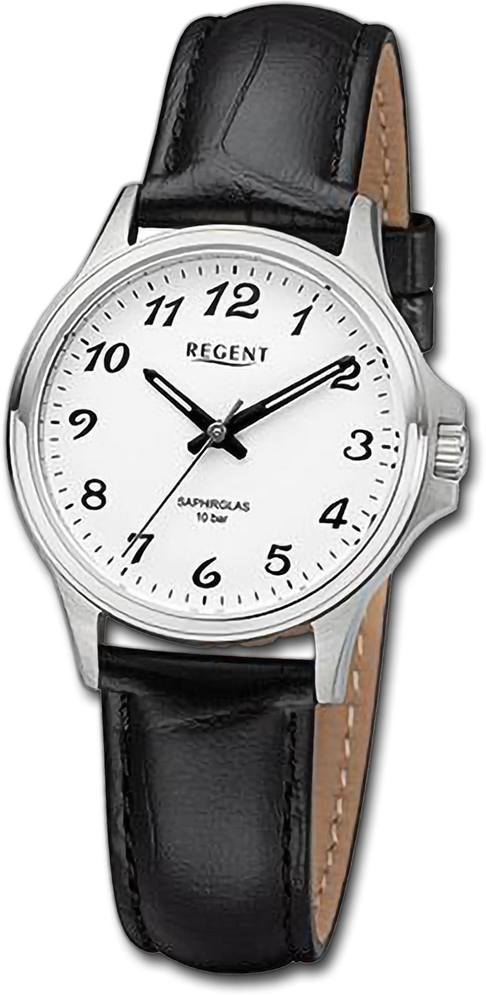 Regent Quarzuhr Regent Damen Armbanduhr Analog, Damenuhr Lederarmband schwarz, rundes Gehäuse, extra groß (ca. 32mm) | Quarzuhren