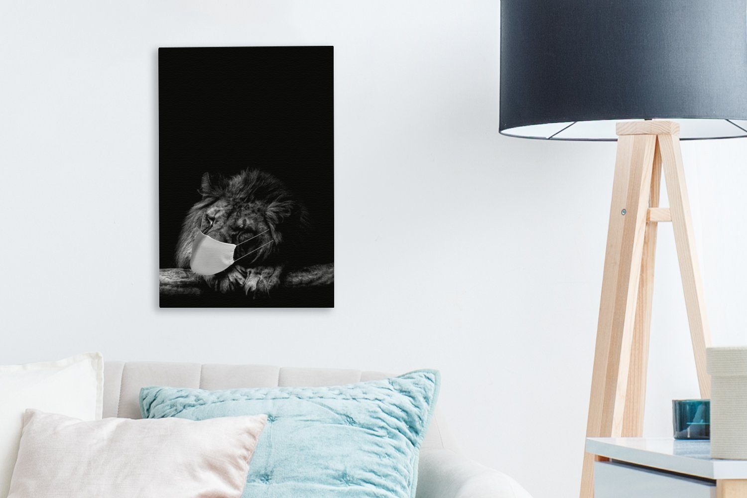 St), Zackenaufhänger, weiß, Löwe bespannt schwarz OneMillionCanvasses® cm Gemälde, Leinwandbild 20x30 inkl. fertig mit (1 und Mundschutz - Leinwandbild