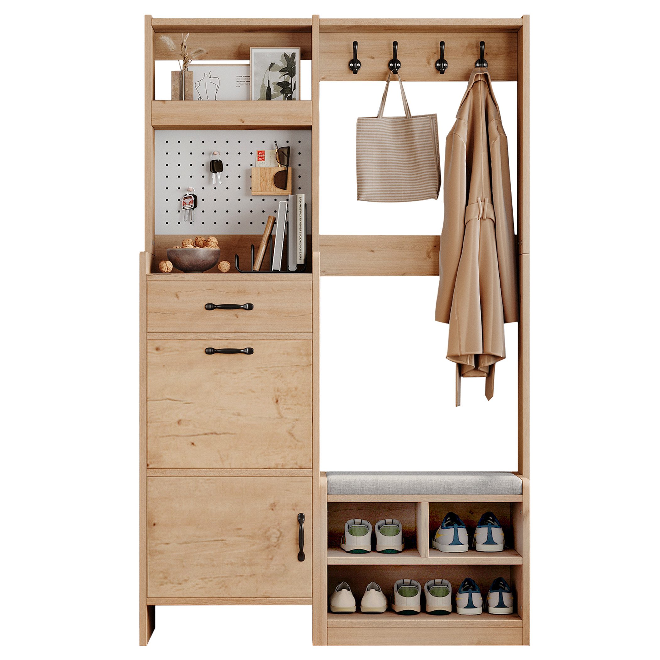 SeedWave Kompaktgarderobe Garderobenset mit 4 Doppelhakken & Schuhkipper, Sitzbank mit Kissen Weiße Stecktafel, 1 Schublade, offene- und geschlossene Fächer