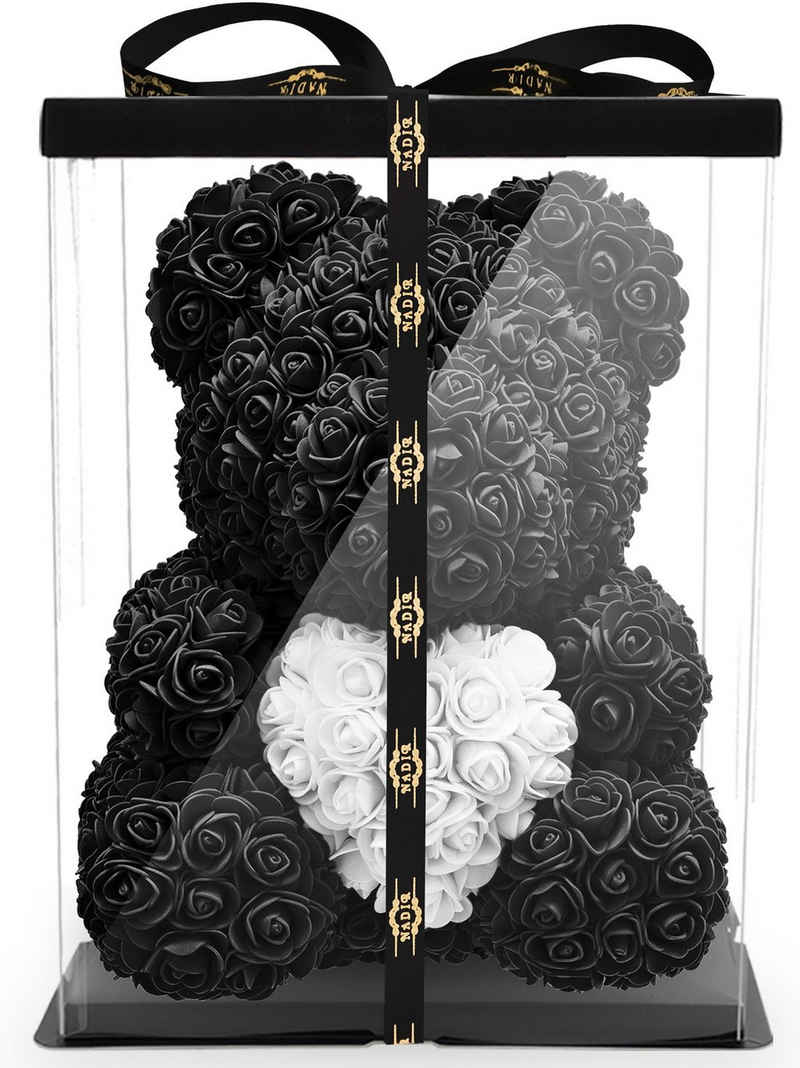 Kunstblume Rosenbär 40 cm inkl. Geschenkbox mit Herz - Geschenk für Freundin Jahrestag Geburtstag Hochzeit, NADIR, Größe: 40 cm, inklusive Geschenkbox