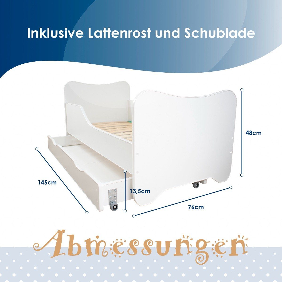 Kinderbett Mit Schublade & 10 Cm Matratze – 4 Größen (70x140, Lokomotive) – Praktisch & Sicher