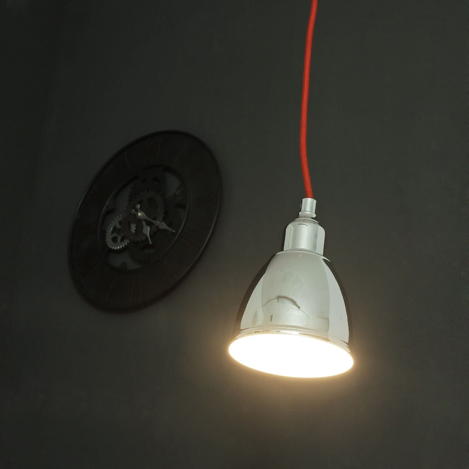 Licht-Erlebnisse Pendelleuchte AXE, ohne Leuchtmittel, Hängeleuchte Chrom Rot Loft Textilkabel retro dekorativ Wohnzimmer