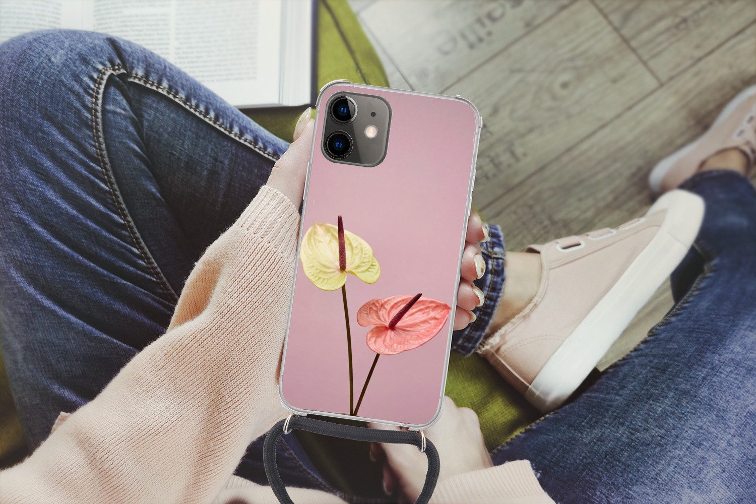 MuchoWow Handyhülle für Apple iPhone 11 Blumen - Anthurien - Gelb - Rosa, Tragbare Handyhüllen mit Kette zum umhängen, Handykette Handyband